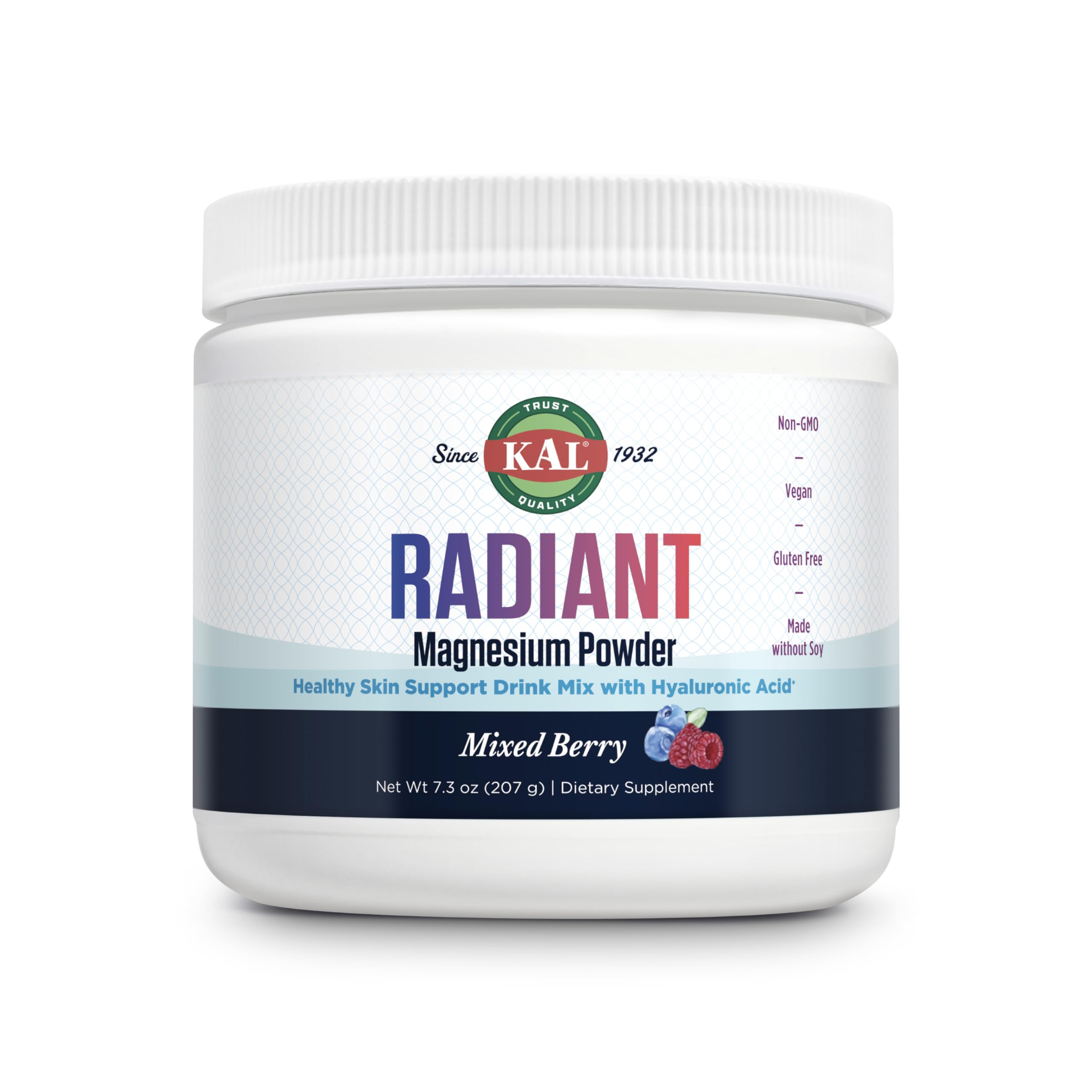 KAL Radiant Magnesium Polvo envase frontal, ideal para piel saludable y bienestar.