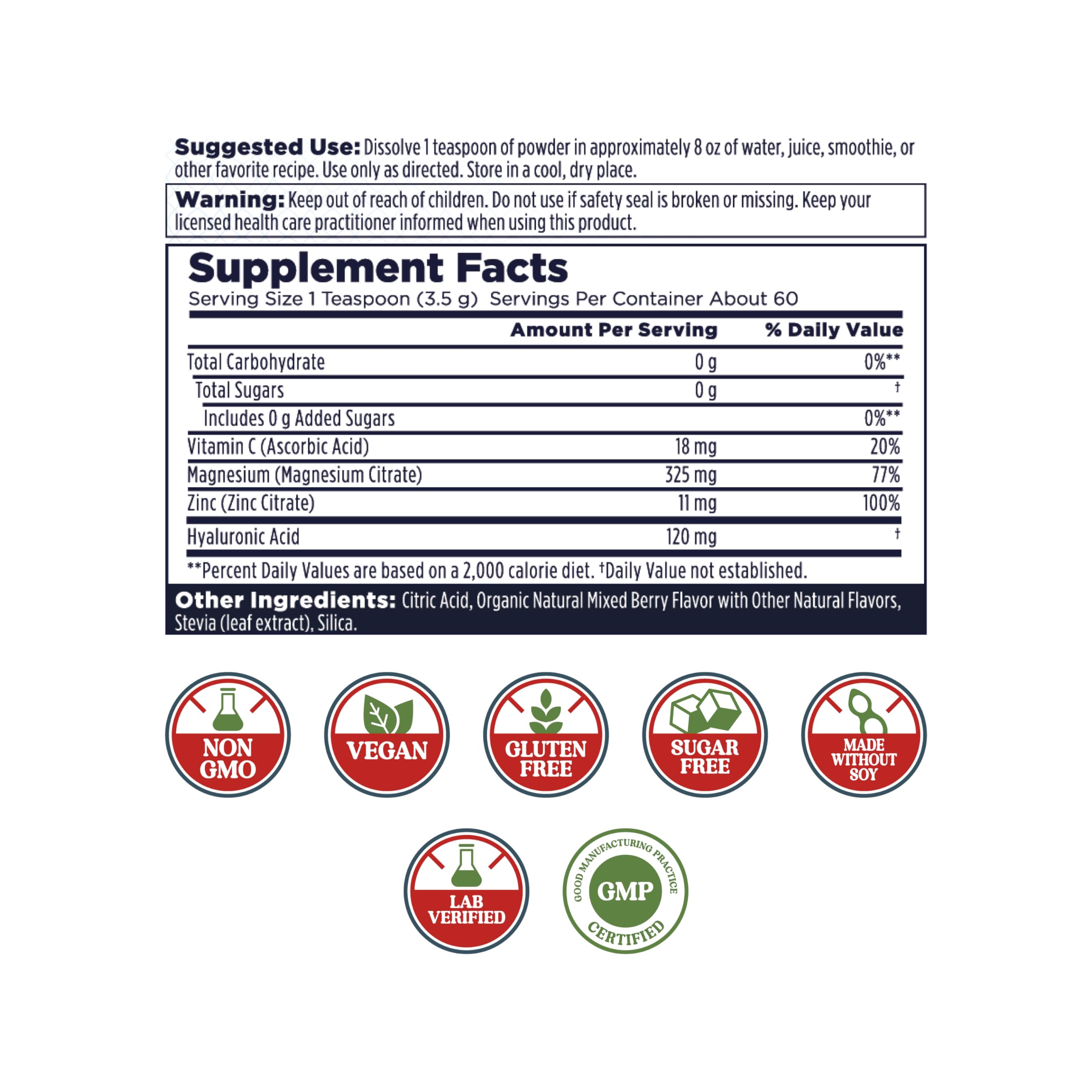 KAL Radiant Magnesium Polvo mezcla en vaso con bayas mixtas, sabor agradable.