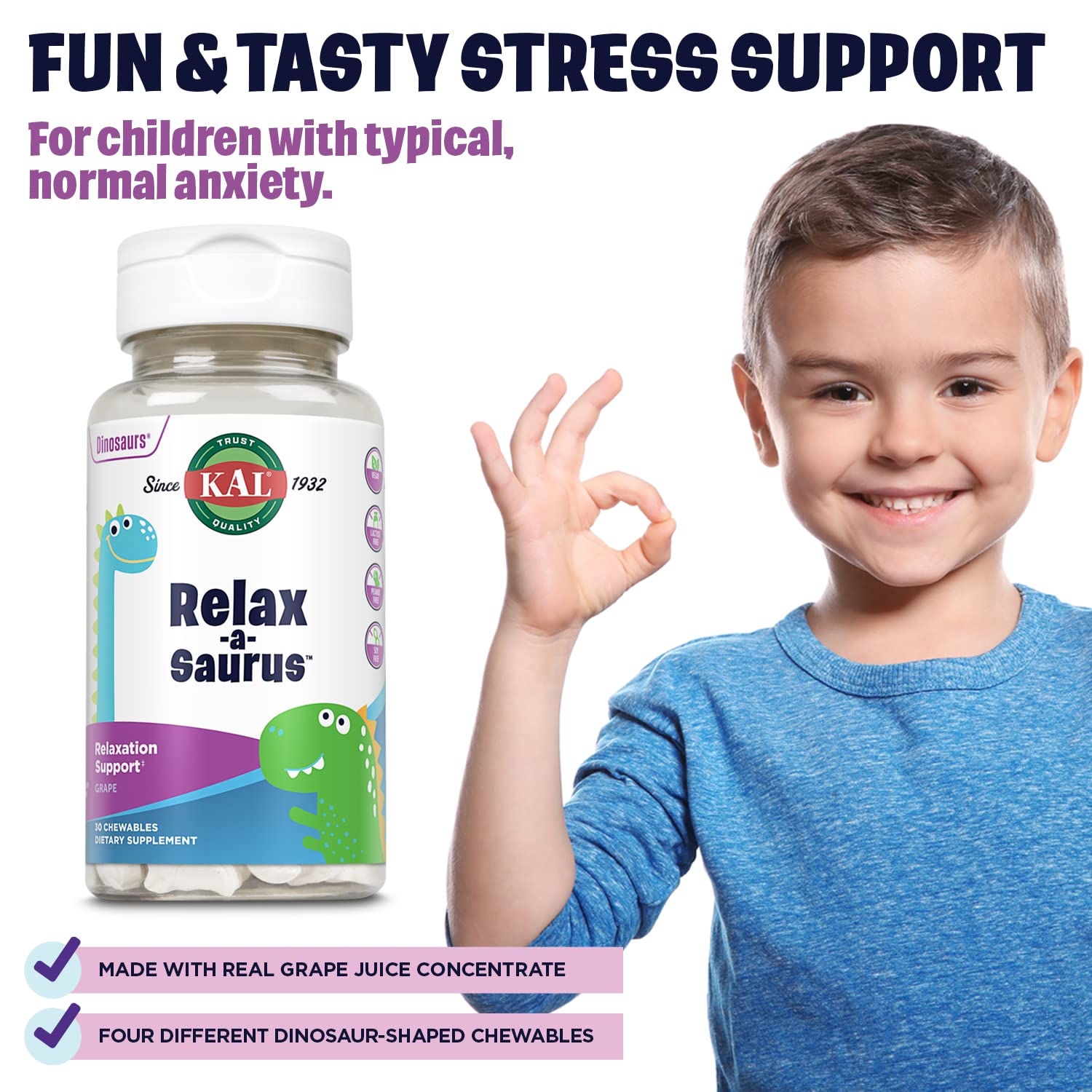 KAL Relax-a-Saurus envase de 30 masticables para familias ocupadas.