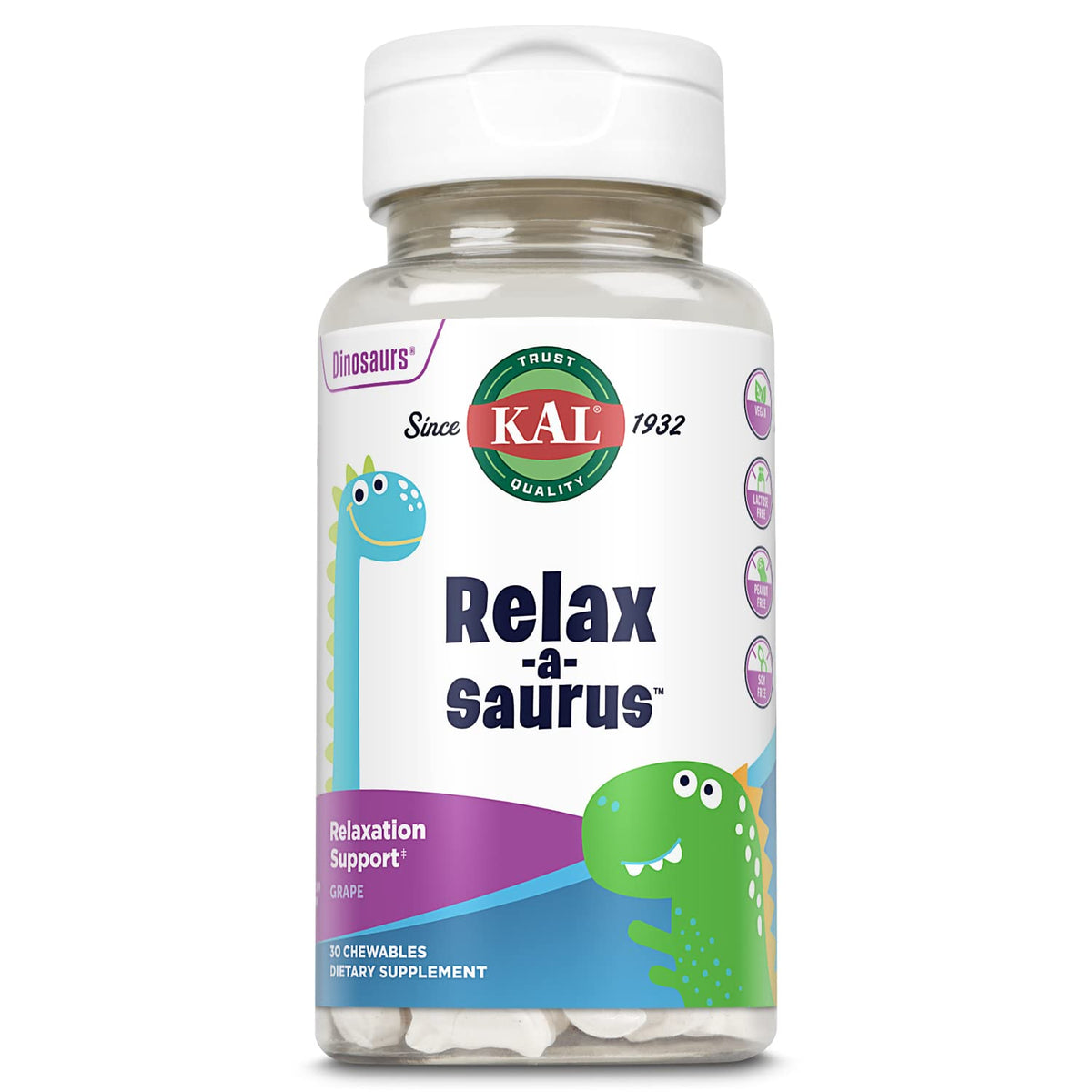 KAL Relax-a-Saurus masticables en forma de dinosaurio para momentos de calma.