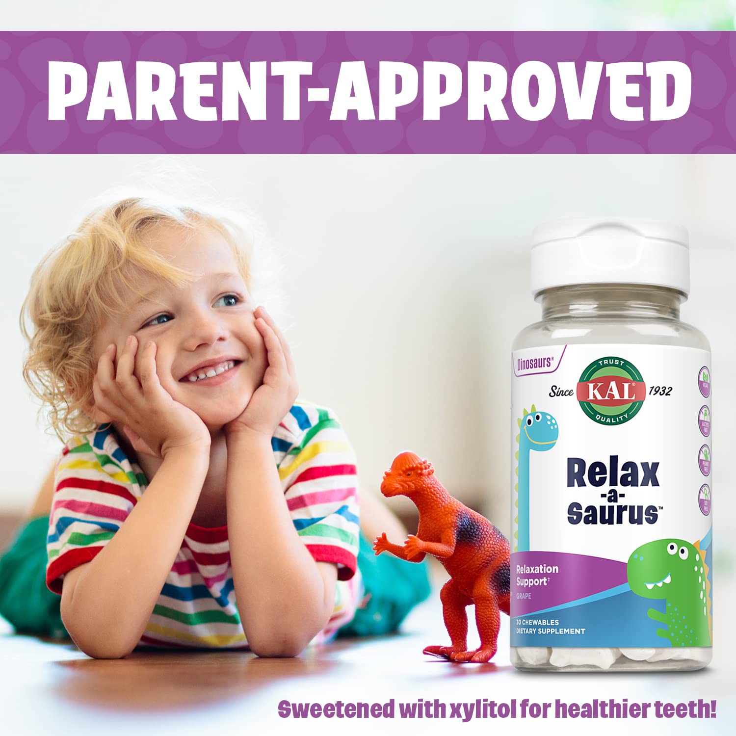 KAL Relax-a-Saurus masticables con sabor a uva para niños.