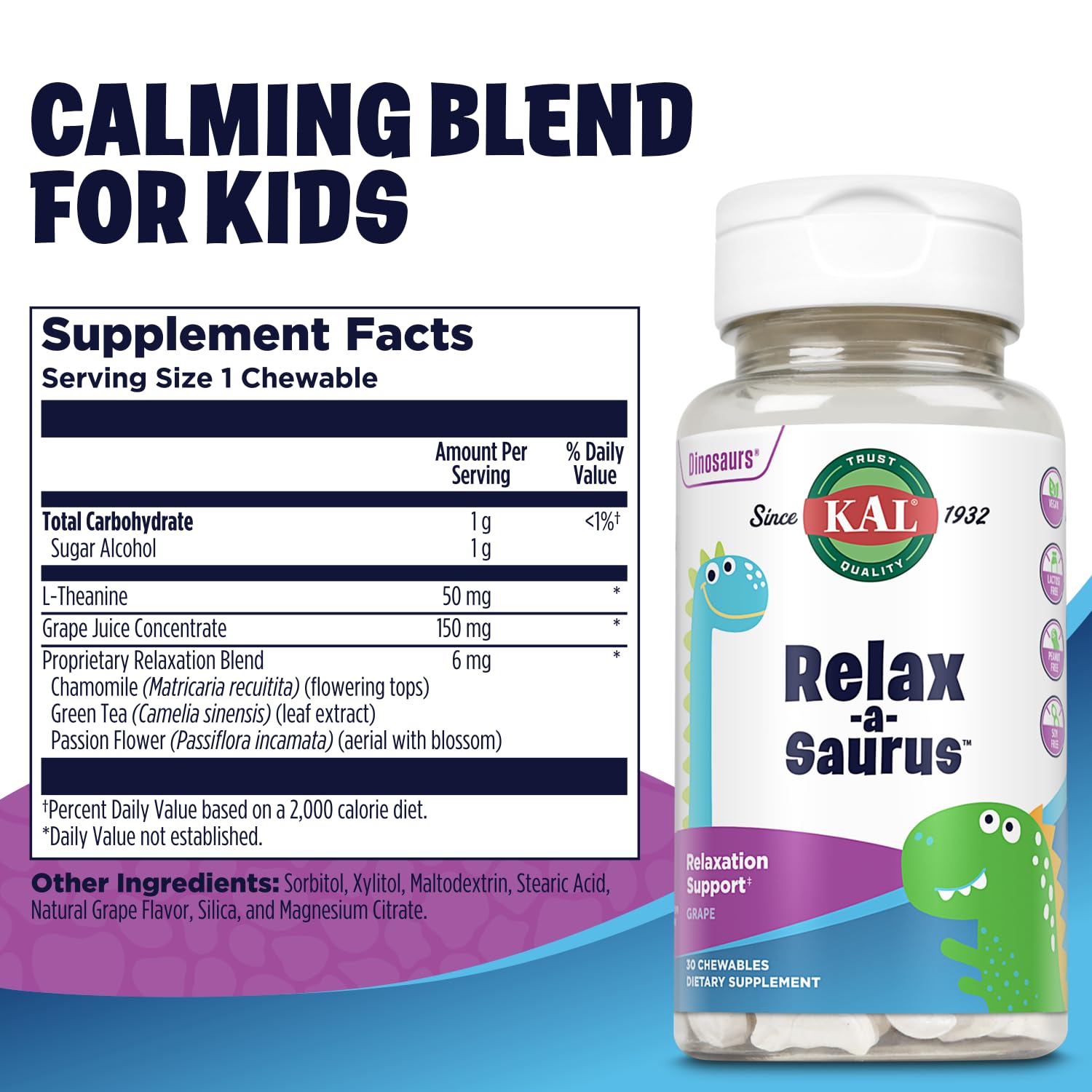 KAL Relax-a-Saurus con sabor uva natural para rutinas diarias.