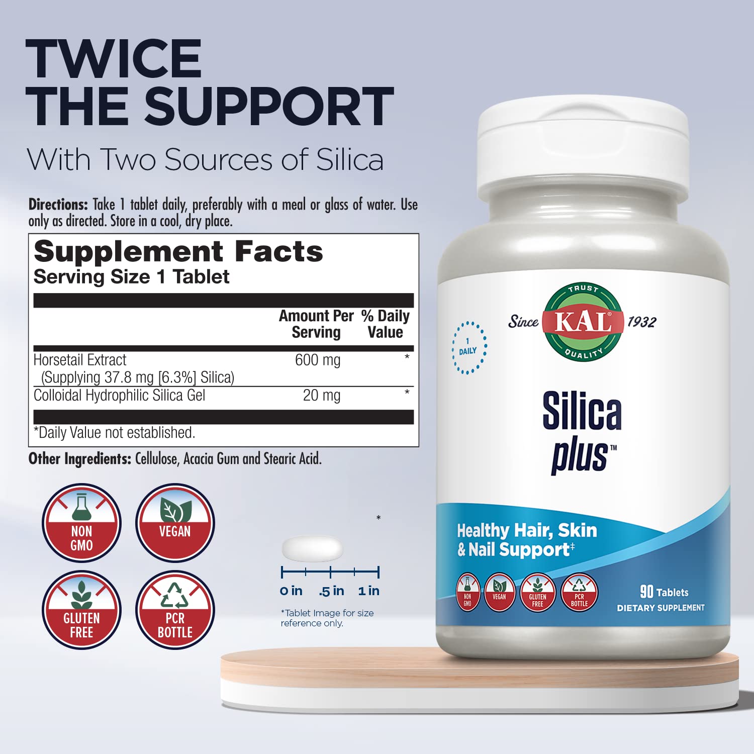 KAL Silica Plus con extracto de cola de caballo para uñas saludables.