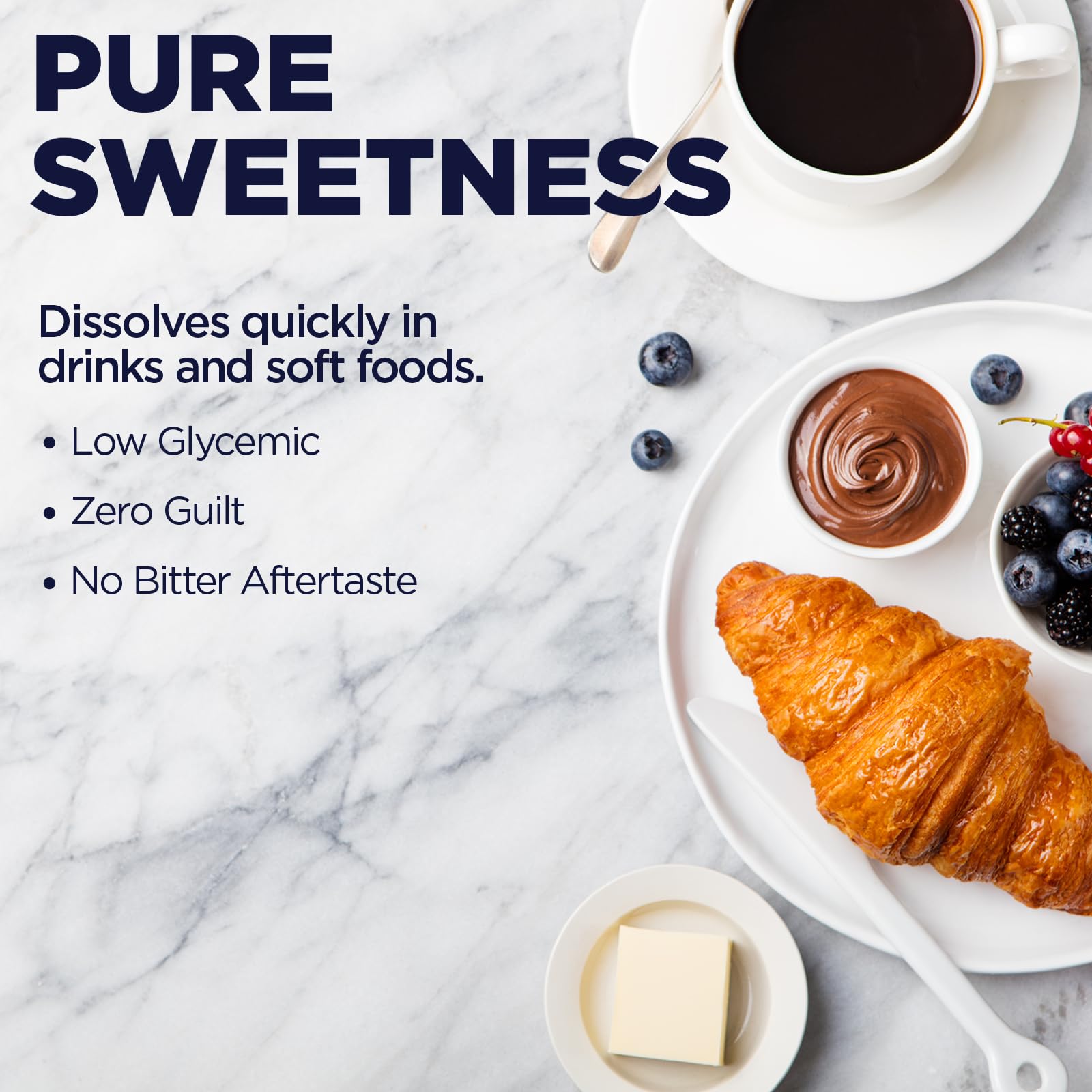 KAL Sure Stevia Plus Monk Fruit facilita disolución rápida en bebidas.