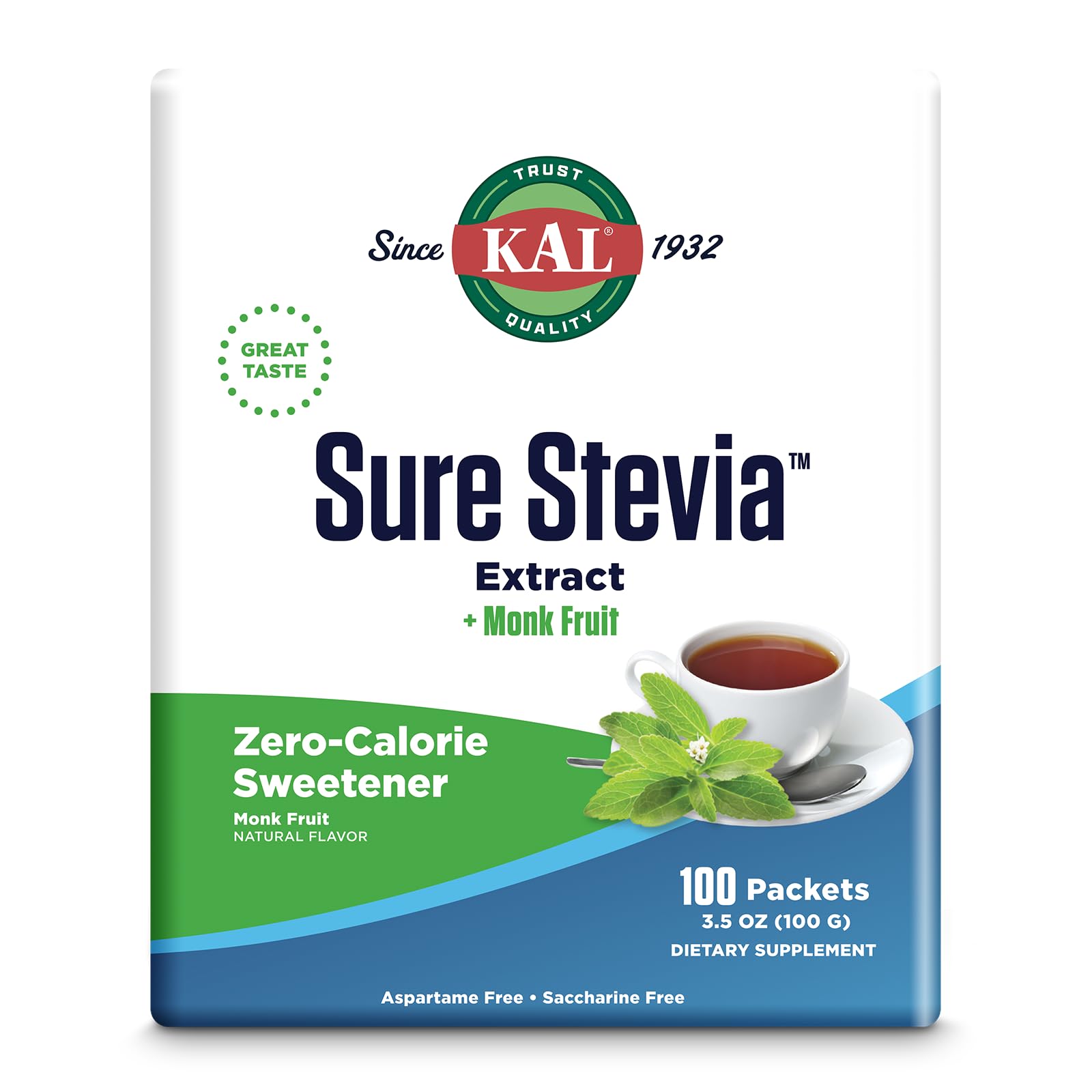 KAL Sure Stevia Plus Monk Fruit en empaque unidad para endulzar sin calorías.