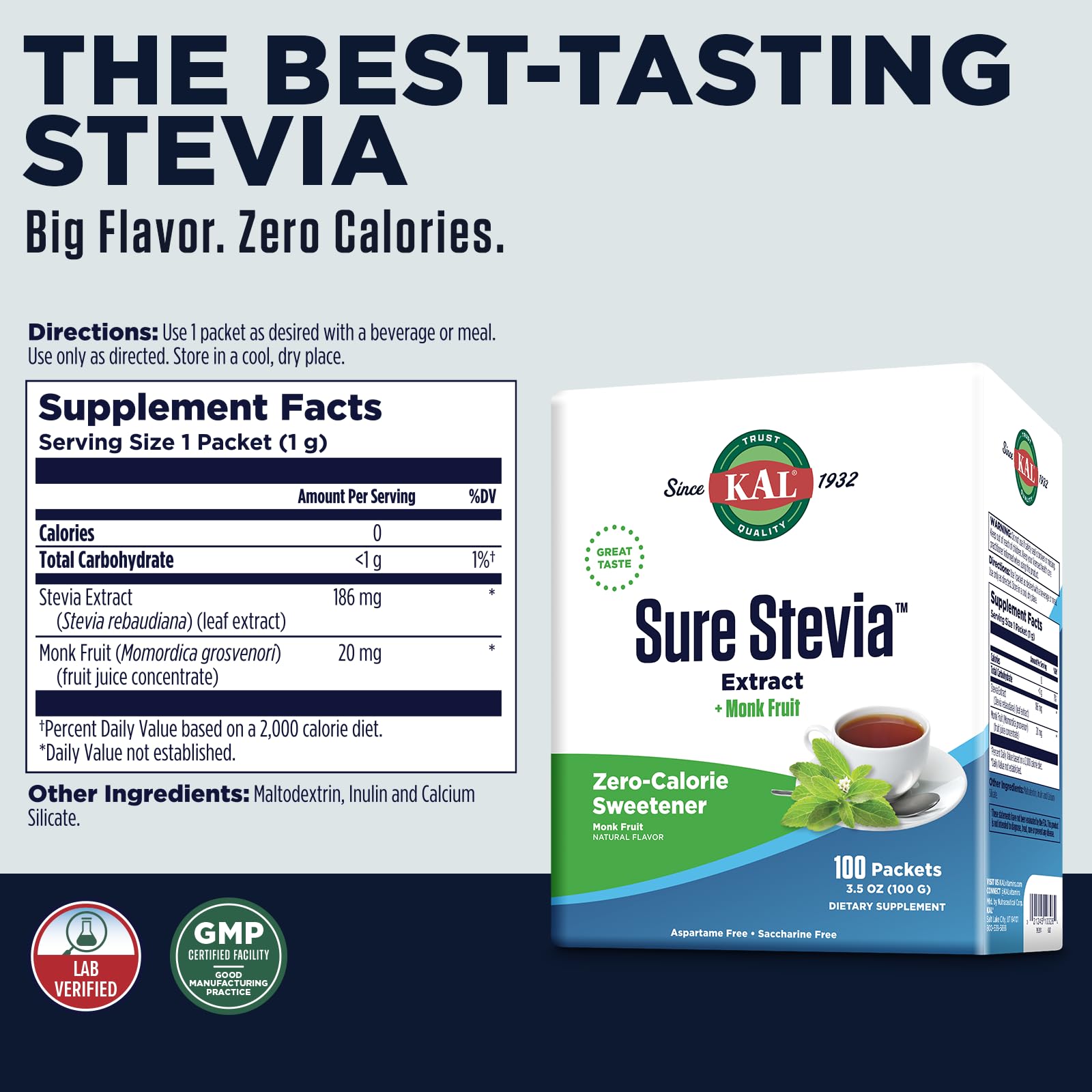 Paquetes individuales de KAL Sure Stevia Plus Monk Fruit para bebidas.