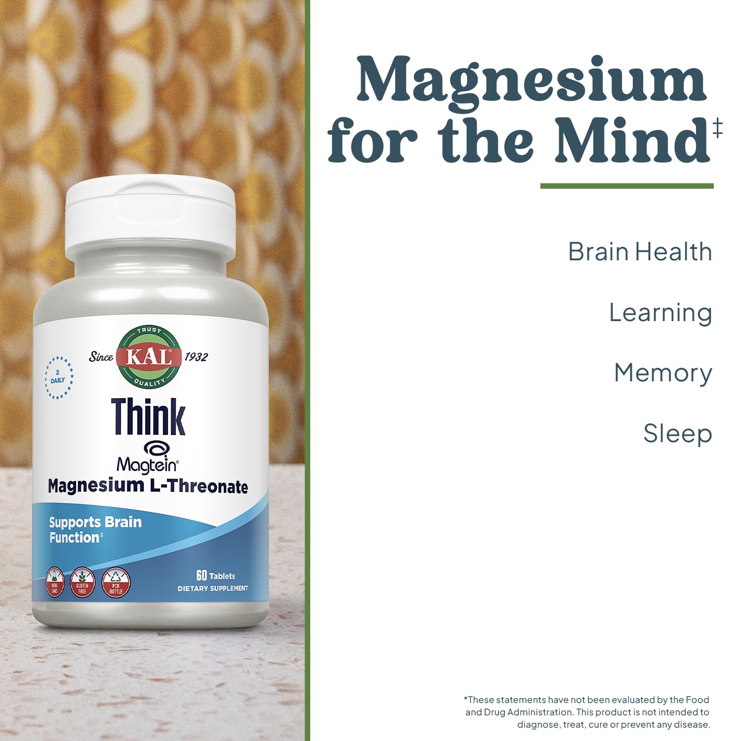 KAL Think Magnesio L-Treonato enfocado en cerebro para función cognitiva.