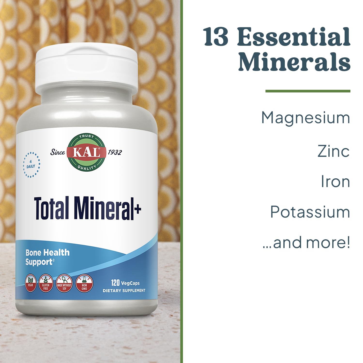 Kal Total Mineral Plus: etiqueta clara que muestra ingredientes esenciales