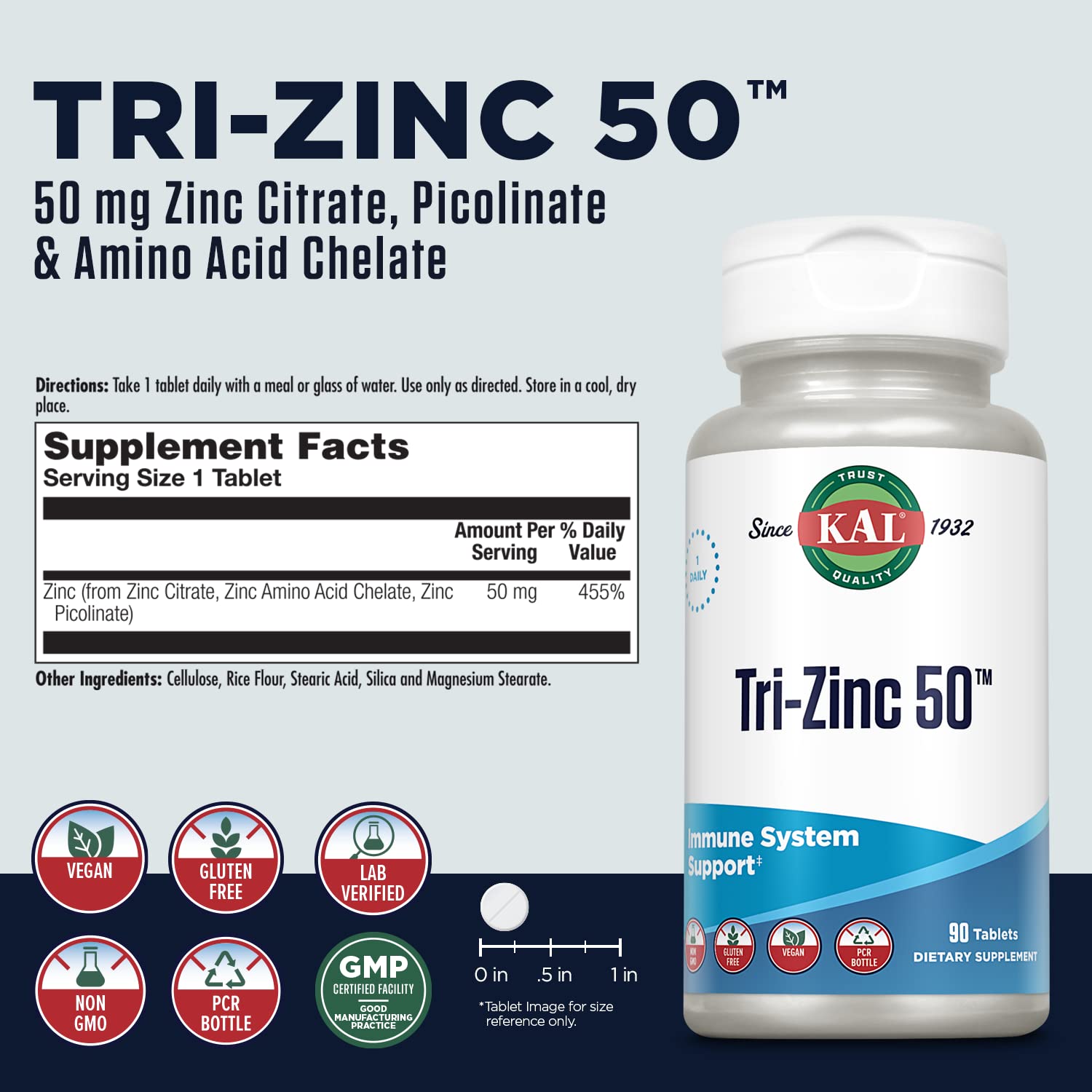 KAL Tri Zinc 50mg botella: presentación vegana y libre de gluten.