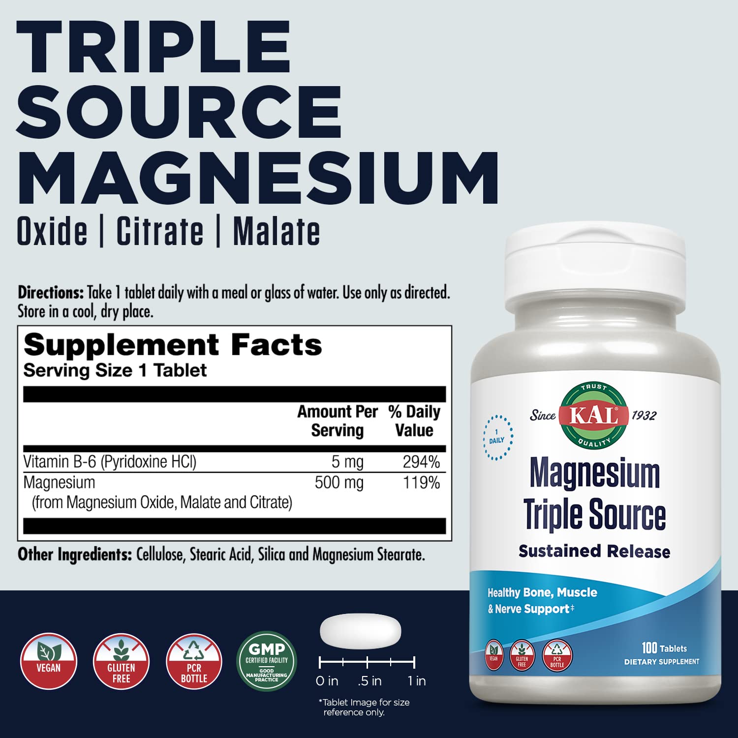 KAL Complejo de Magnesio de Fuente Triple: tabletas para apoyo diario de energía y músculos.