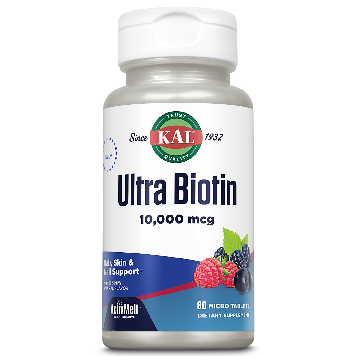 Kal Ultra Biotin ActivMelt, botella frontal, presentación práctica para el cabello.