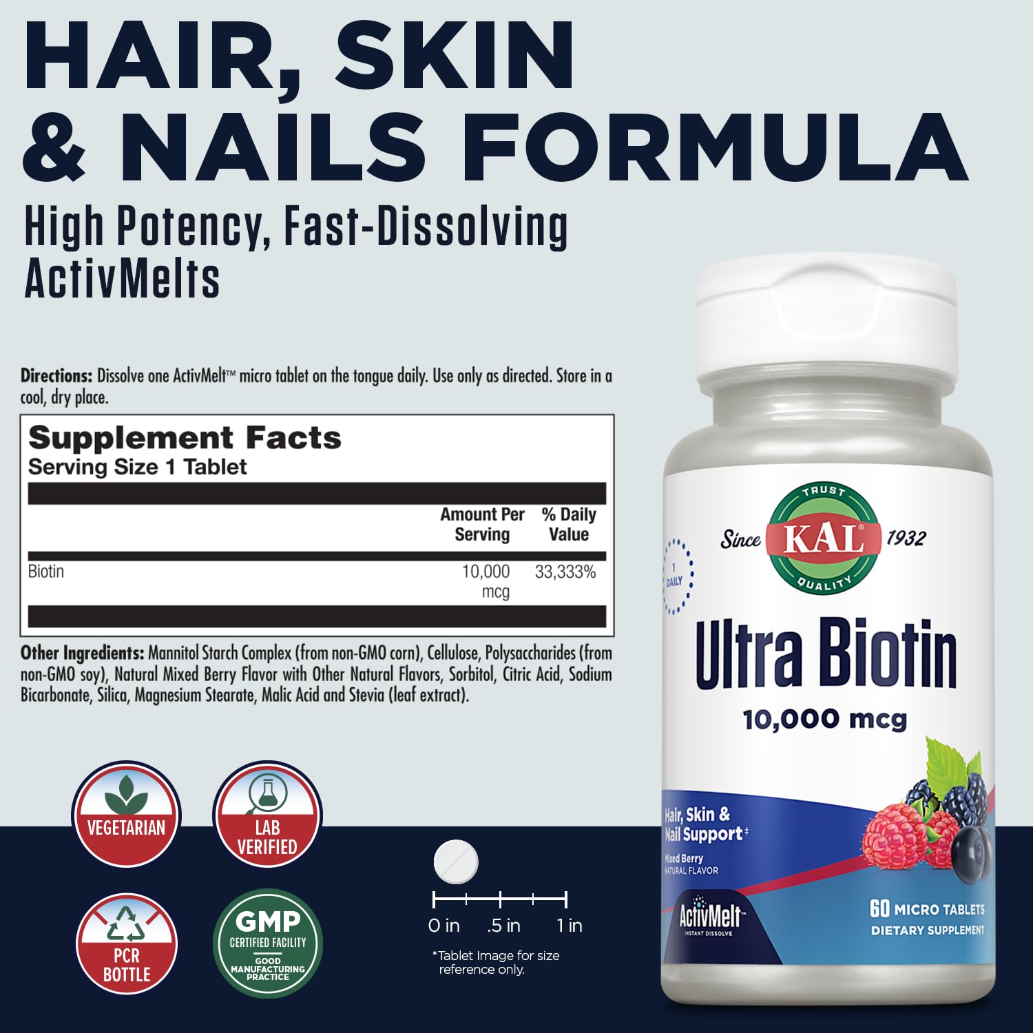Kal Ultra Biotin ActivMelt, microtabletas para absorción rápida.