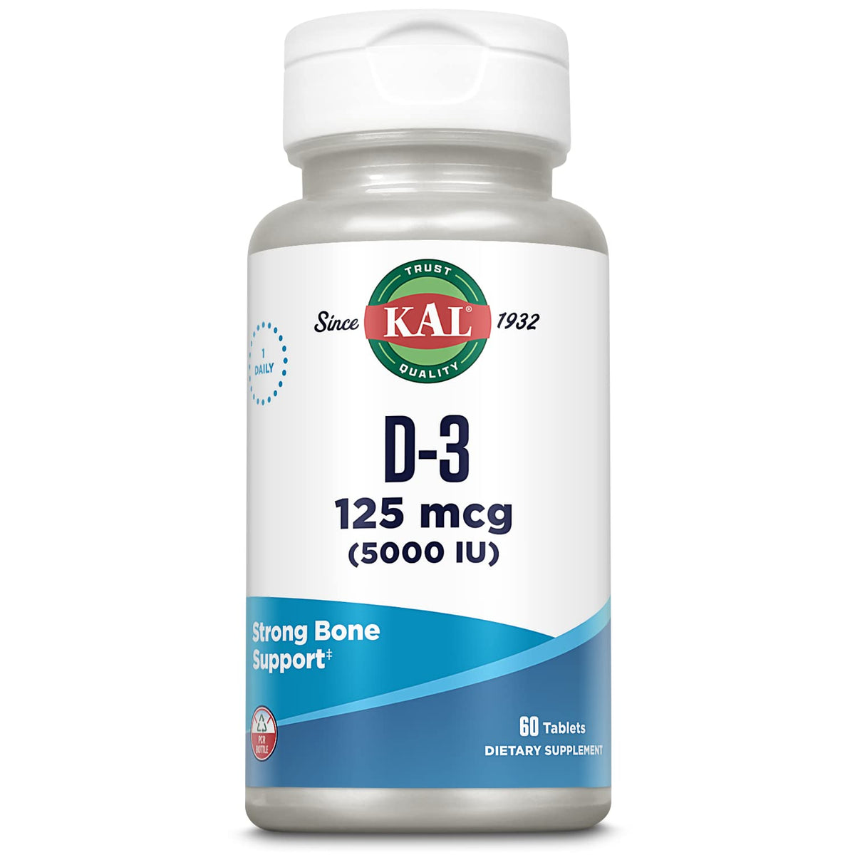 KAL Vitamin D3 5000 UI, botella, apoyo para huesos fuertes y bienestar general