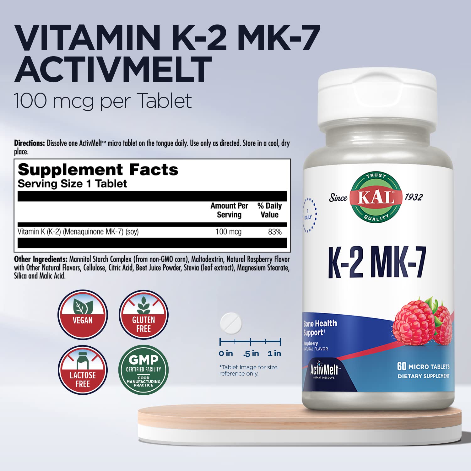 Kal Vitamina K2 MK7 ActivMelt, pastillas micro, disolución rápida y sabor frambuesa natural