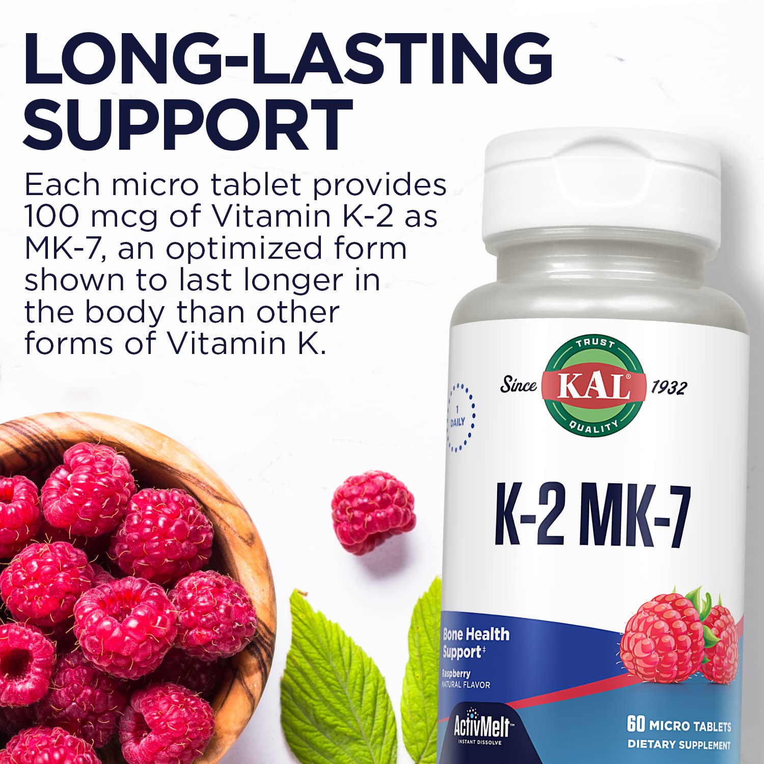 Kal Vitamina K2 MK7 ActivMelt, formato práctico, fácil de tomar en cualquier momento