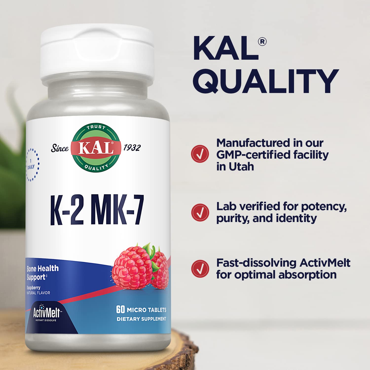 Kal Vitamina K2 MK7 ActivMelt, versión vegana, libre de gluten y lactosa