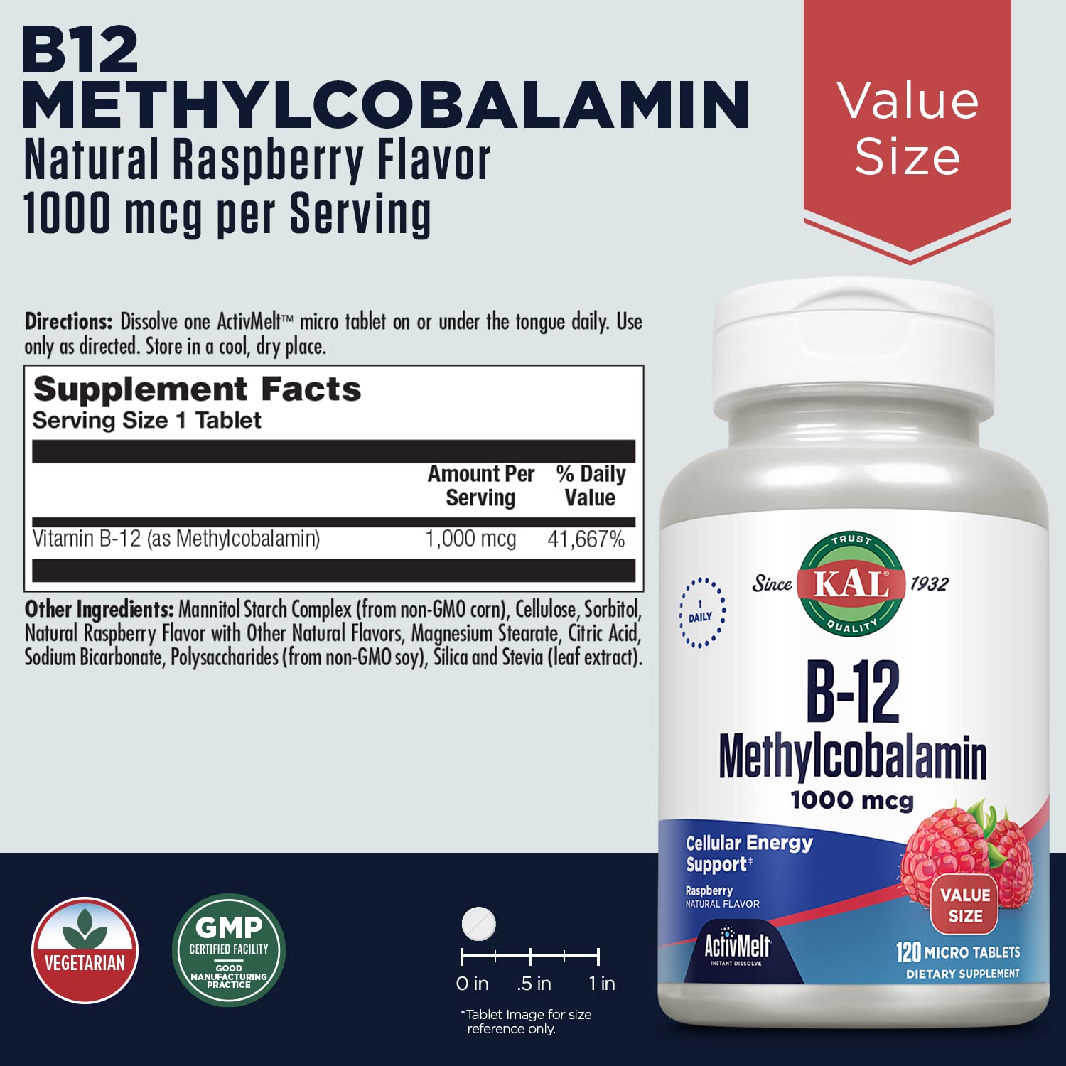 KAL Vitamina B12 metilcobalamina 1000mcg uso diario para metabolismo y vitalidad