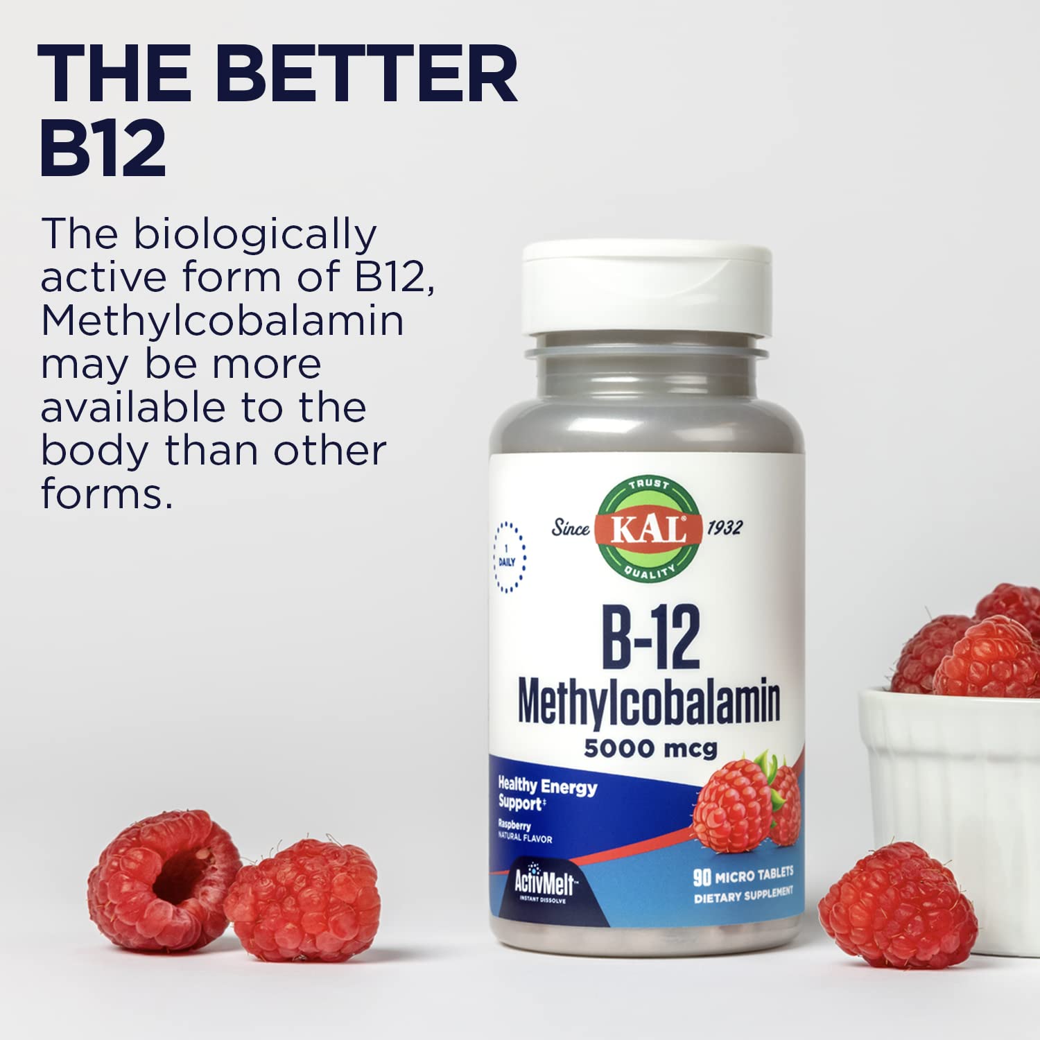 KAL Vitamina B12 Metilcobalamina 5000 mcg, presentación de 90 porciones