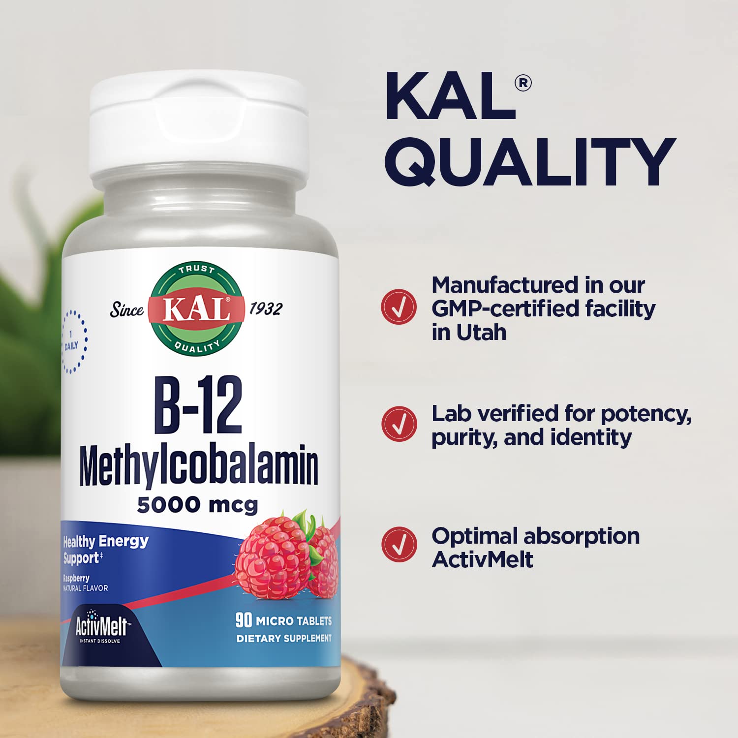 KAL Vitamina B12 Metilcobalamina 5000 mcg, verificación de laboratorio para pureza