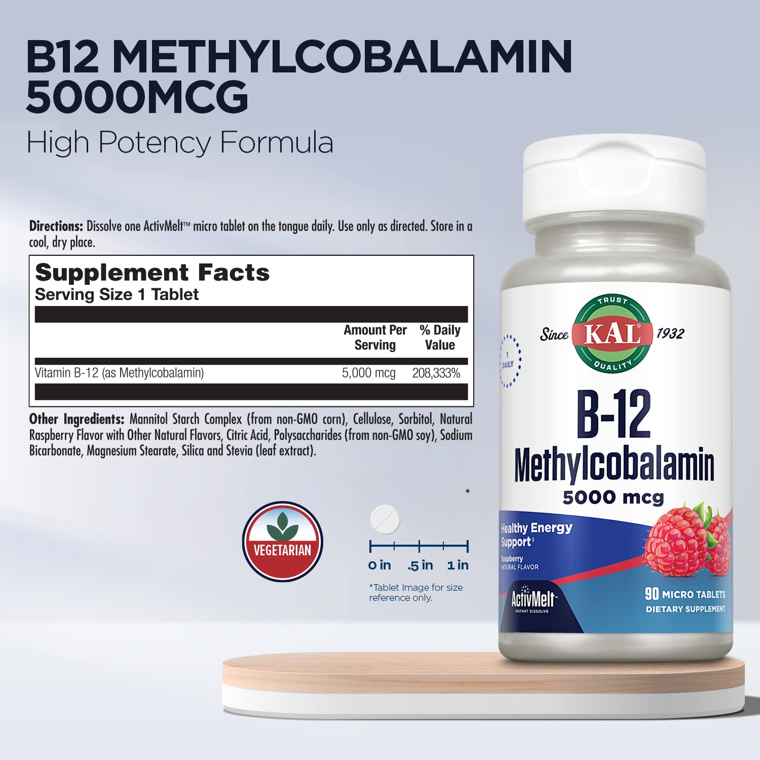 KAL Vitamina B12 Metilcobalamina 5000 mcg, sabor frambuesa natural