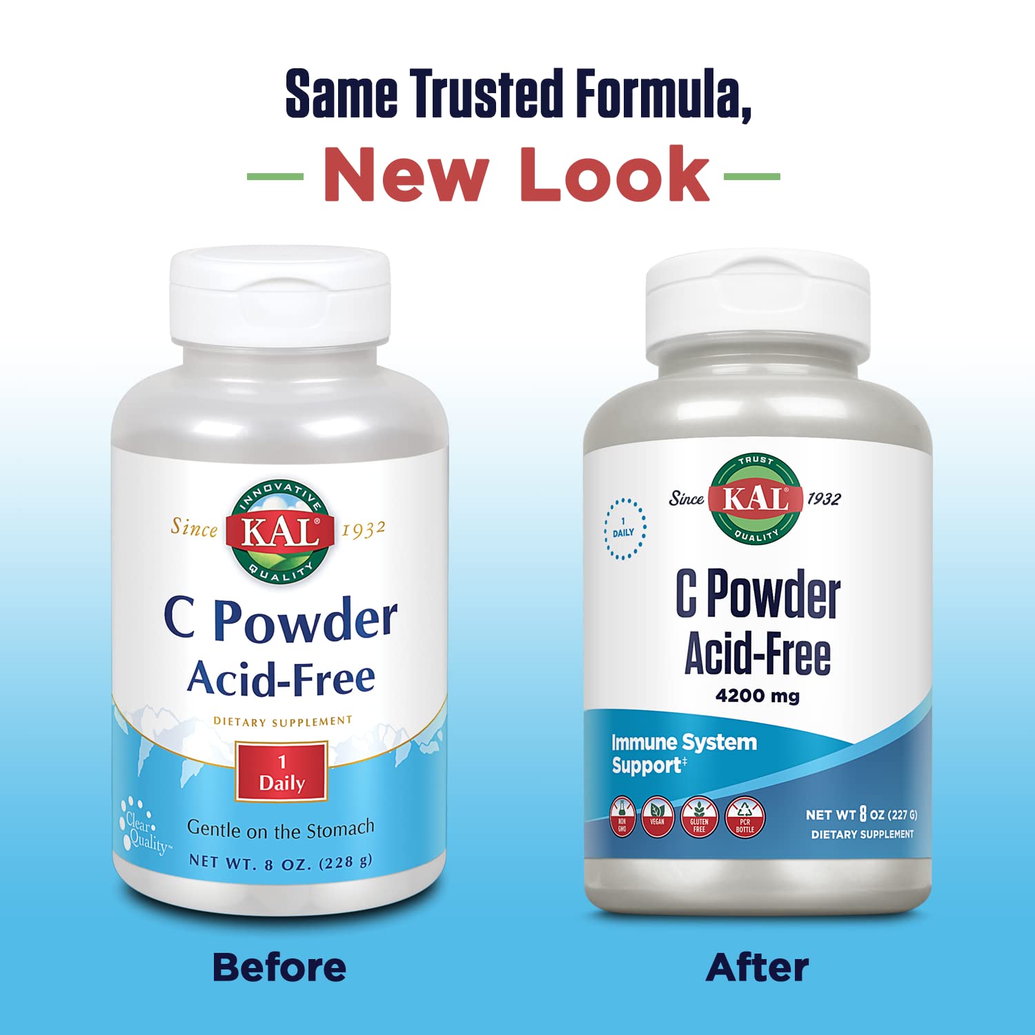 KAL Vitamina C en envase dosificador, práctico para complementar dietas saludables y equilibradas.