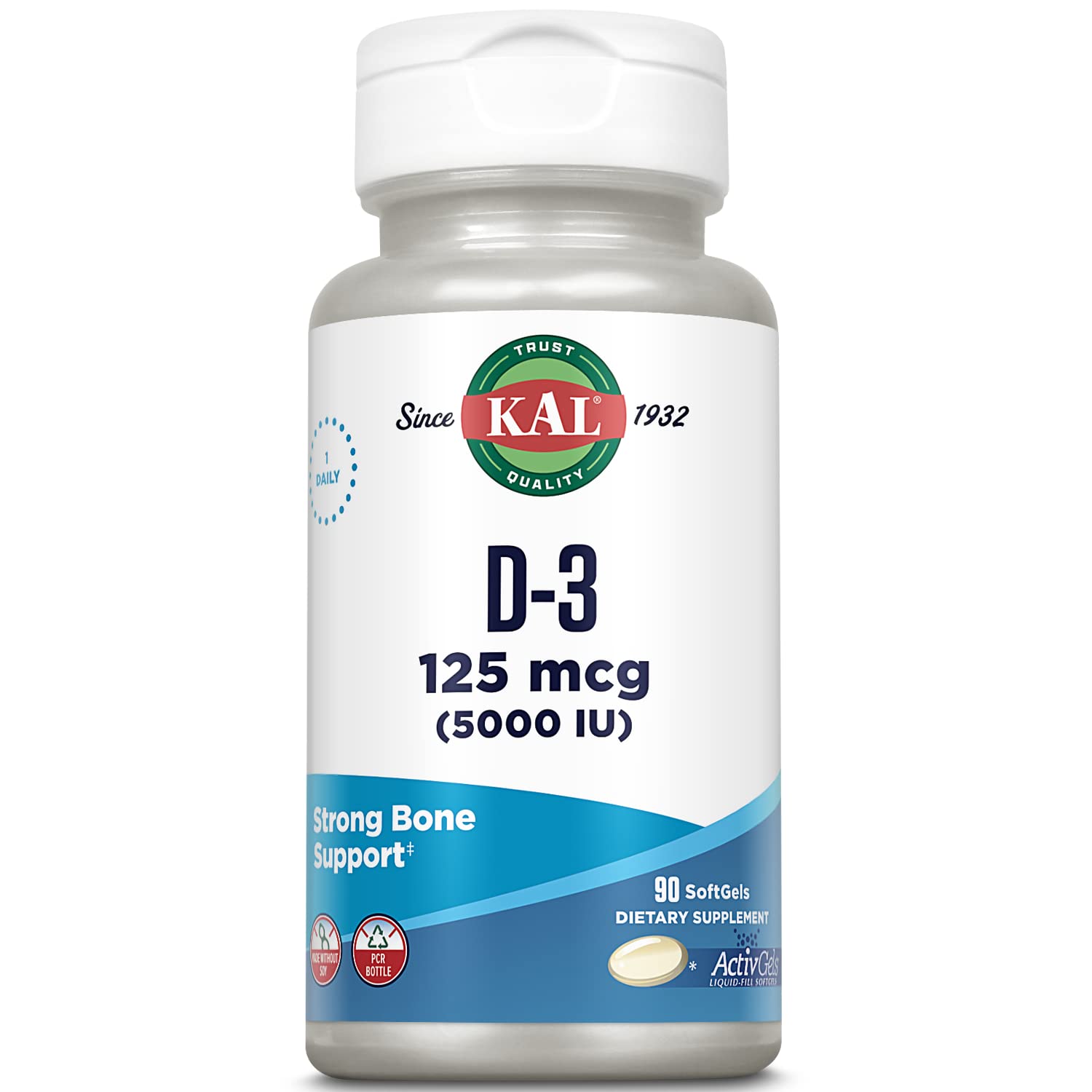 KAL Vitamina D3 5000 UI, cápsulas blandas en frasco, apoya absorción de calcio.
