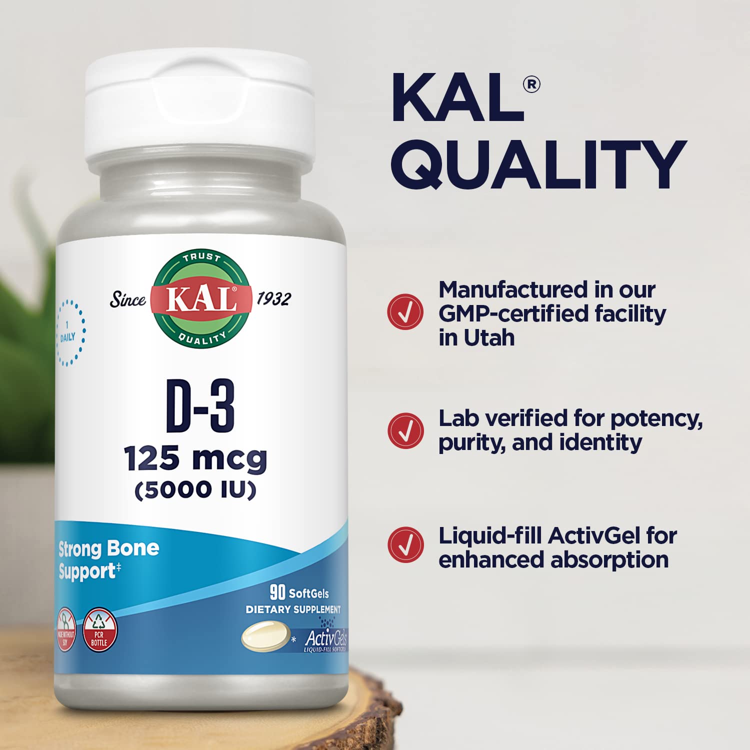 KAL Vitamina D3 5000 UI, cápsulas para uso diario, soporte mineral.