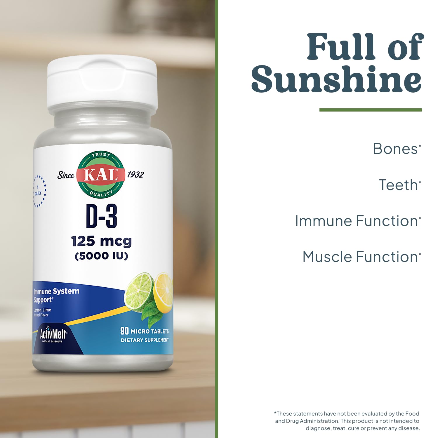 KAL Vitamina D-3 ActivMelt: empaque de 90 dosis para uso sostenido.