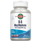KAL Vitamina D3 y glicinato de magnesio, frasco visible, apoyo potencial para absorción.