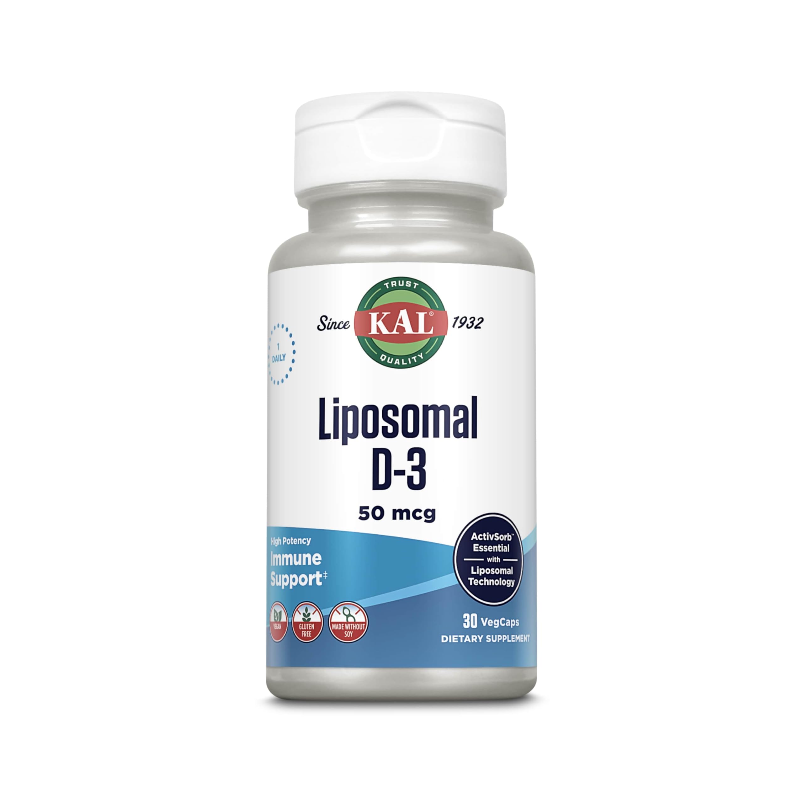 KAL Vitamina D3 liposomal, botella frontal, apoyo potencial al sistema inmune.