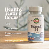KAL Vitamina D3 liposomal, envase vegano apto para dietas sin gluten.