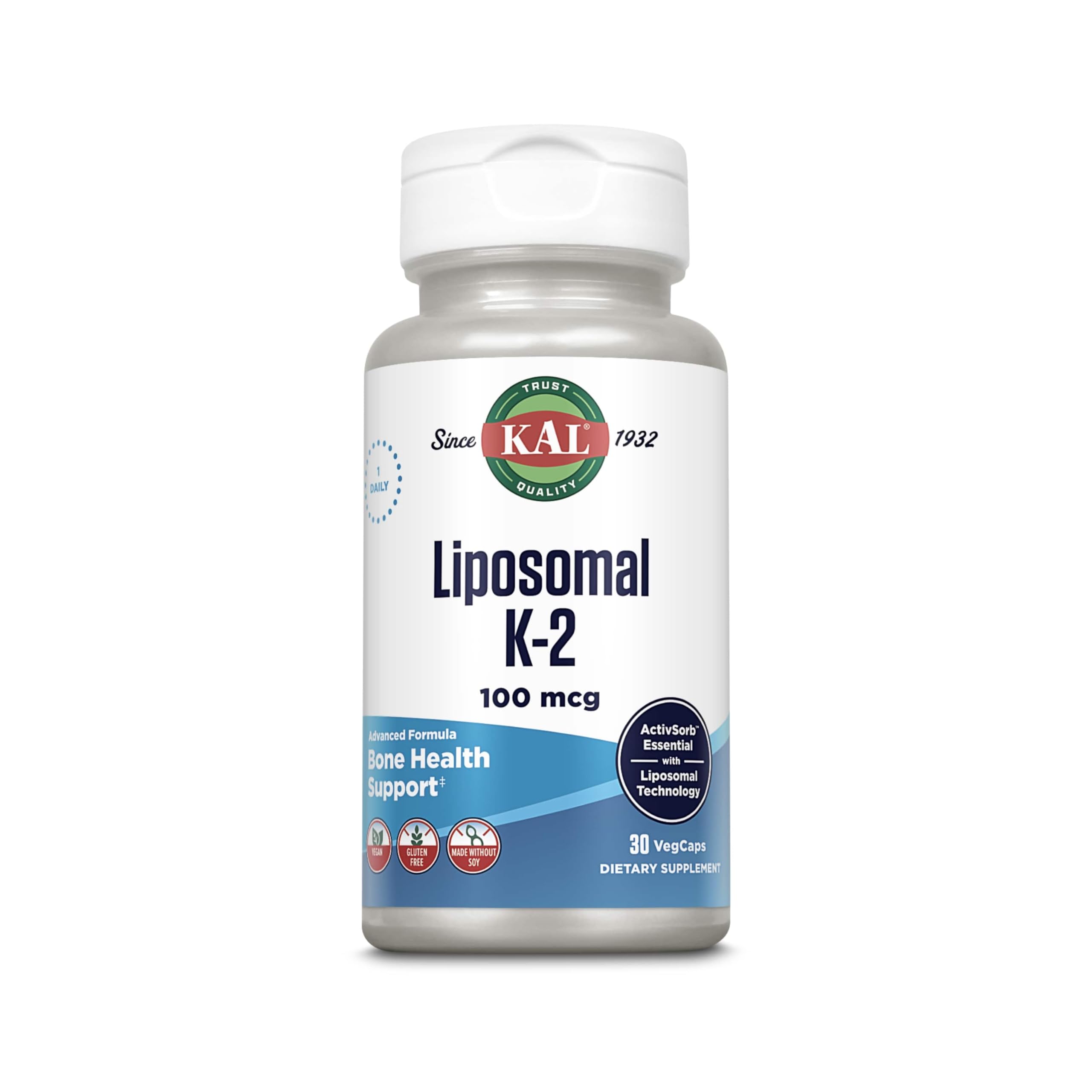 KAL Vitamina K2 liposomal MK7 100 mcg en botella para mayor absorción.