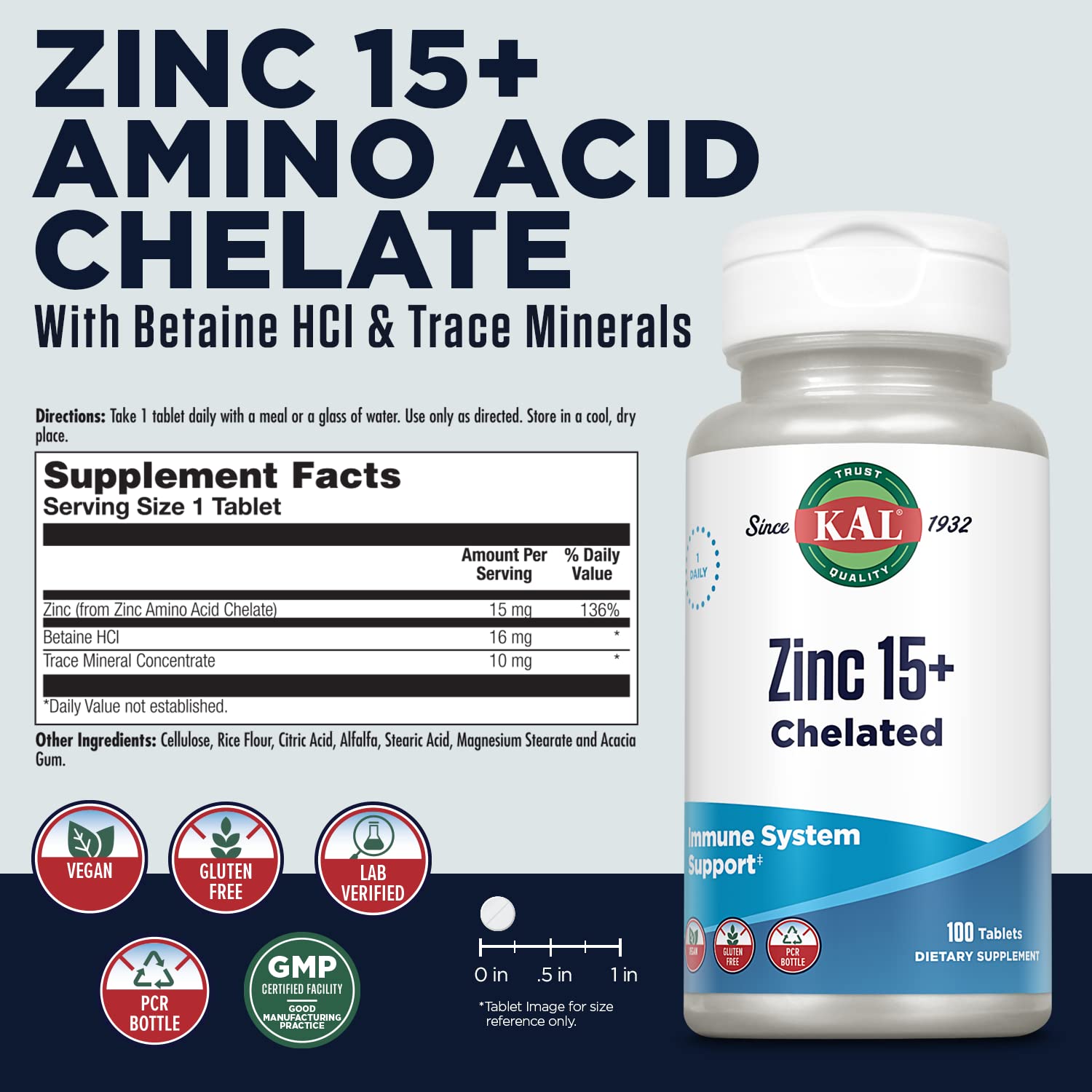 Etiqueta frontal de KAL Zinc 15+ para confianza al comprar.