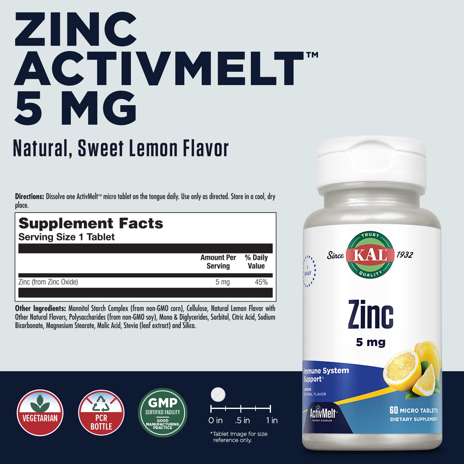 KAL Zinc 5 mg: sabor limón para uso diario agradable.