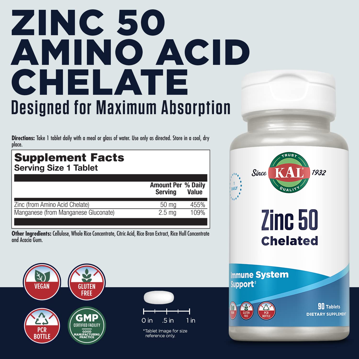 Etiqueta de KAL Zinc con diseño legible para identificar fácilmente el producto.