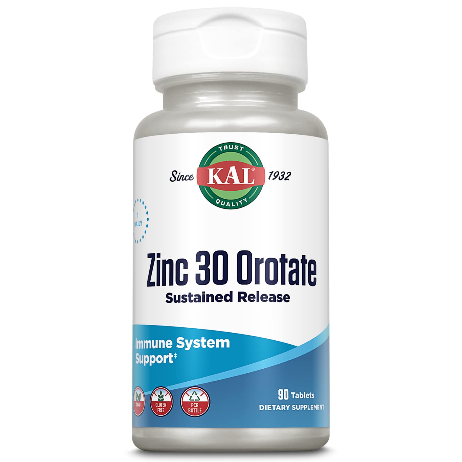 Kal Zinc Orotate, bote de tabletas para uso diario y energía sostenida.