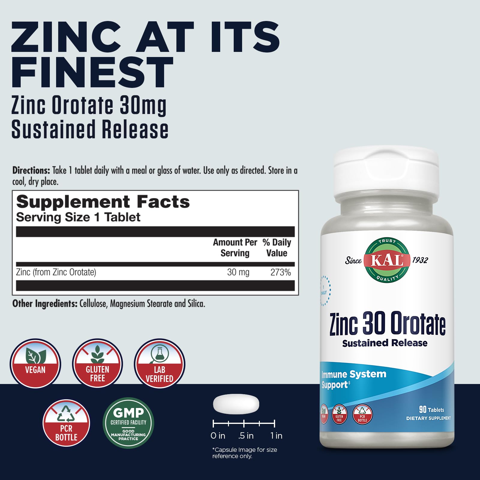 Kal Zinc Orotate, tabletas en primer plano, apoyo al metabolismo diario.