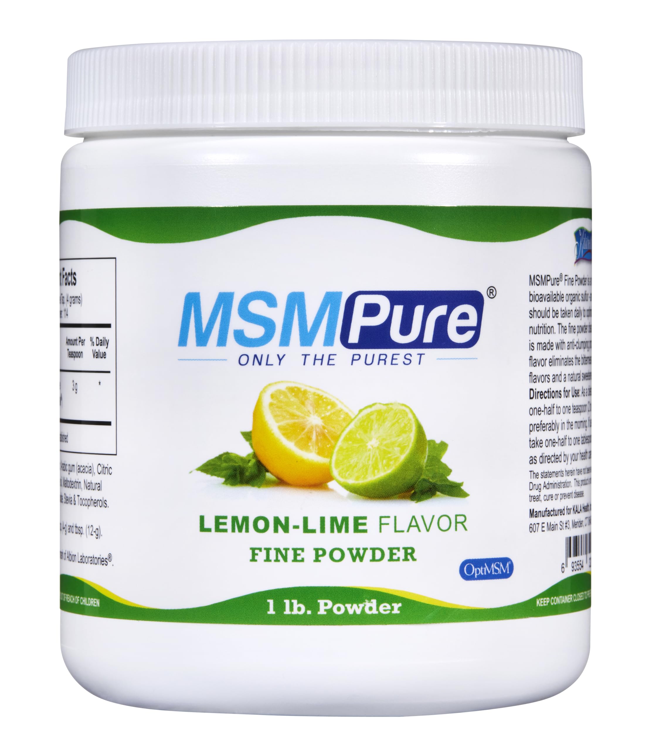 KALA HEALTH MSMPure en bote con cristales MSM y sabor limón-lima para uso diario.