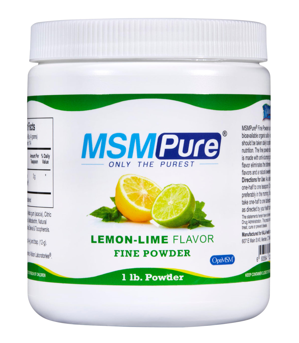 KALA HEALTH MSMPure en bote con cristales MSM y sabor limón-lima para uso diario.