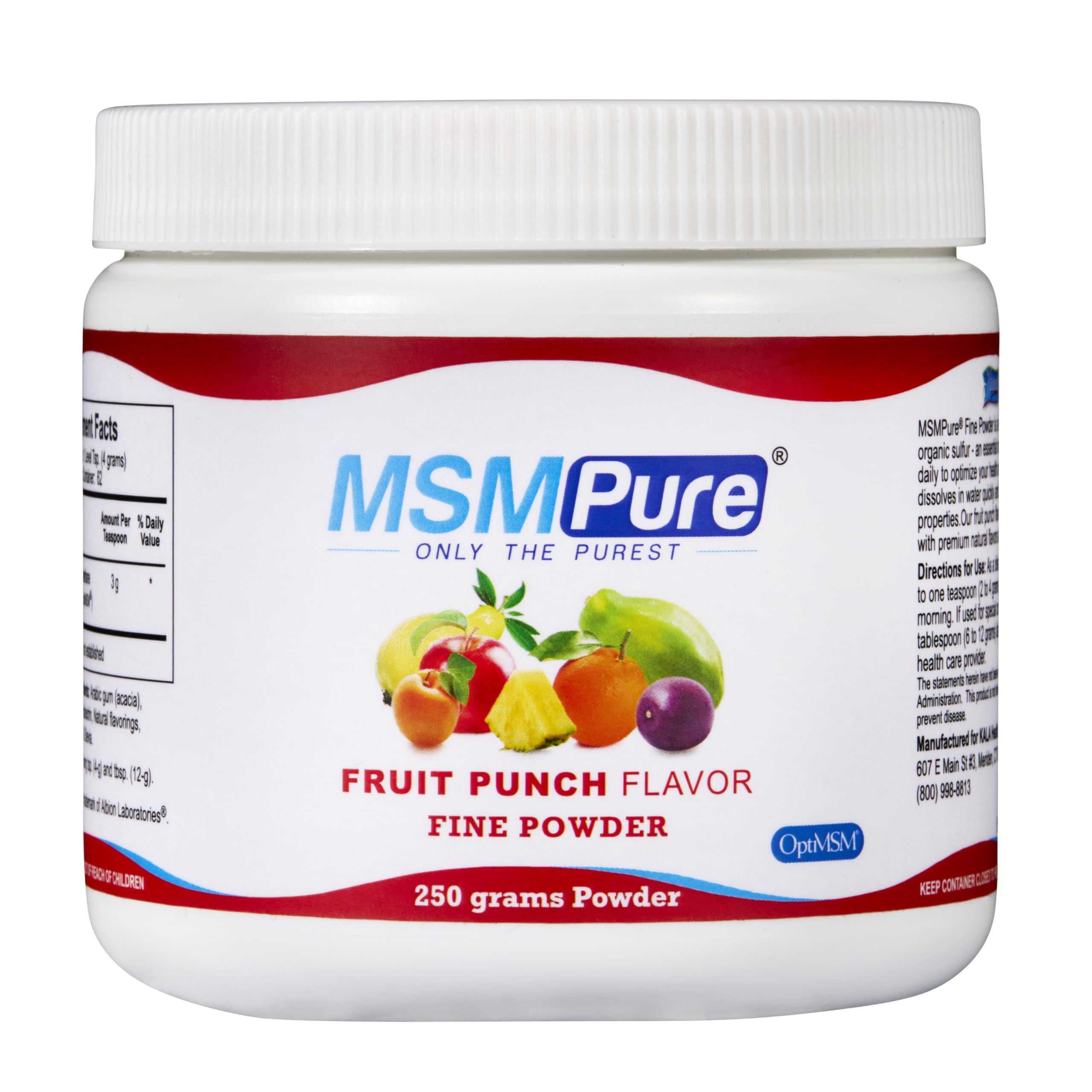 KALA HEALTH MSMPure Fruta Punch Envase, ideal para dosis diaria y conveniencia.