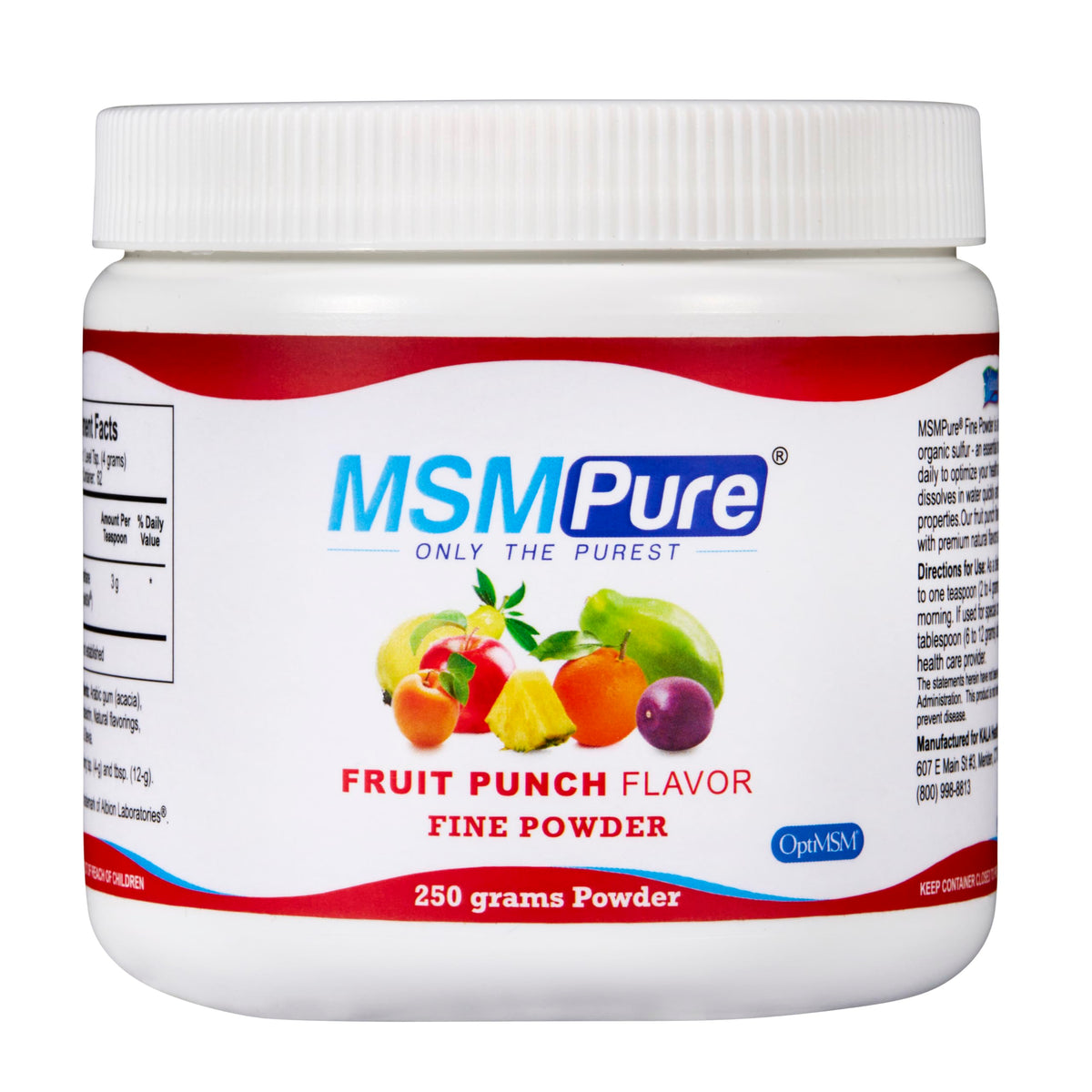 KALA HEALTH MSMPure Fruta Punch Envase, ideal para dosis diaria y conveniencia.