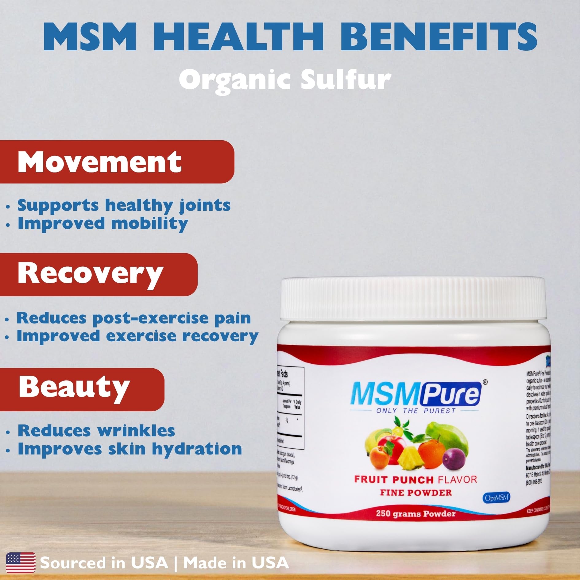 KALA HEALTH MSMPure Fruta Punch Etiqueta, información clara y certificaciones de calidad.
