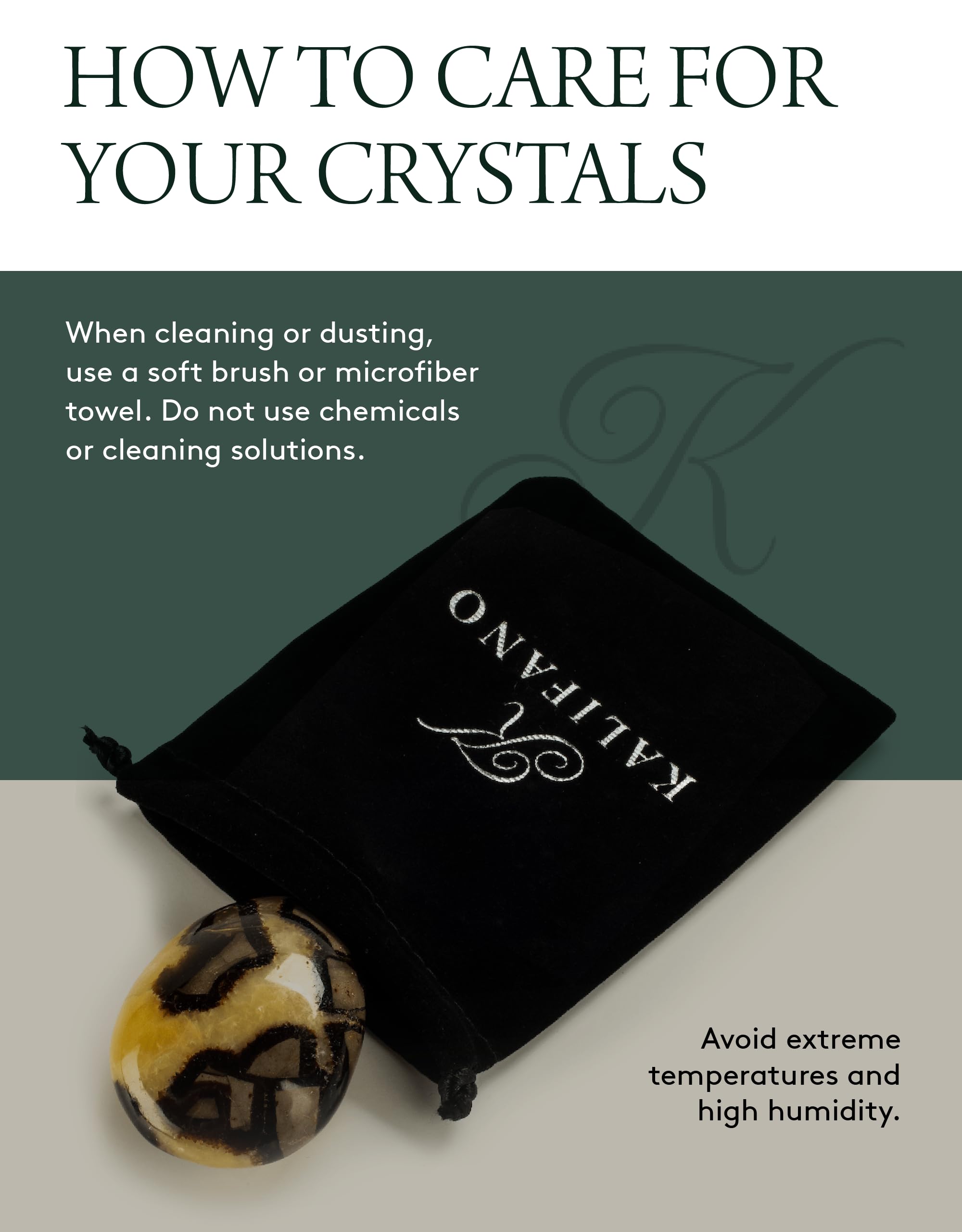 Kalifano Septarian: carta de información junto a la piedra para guía de uso