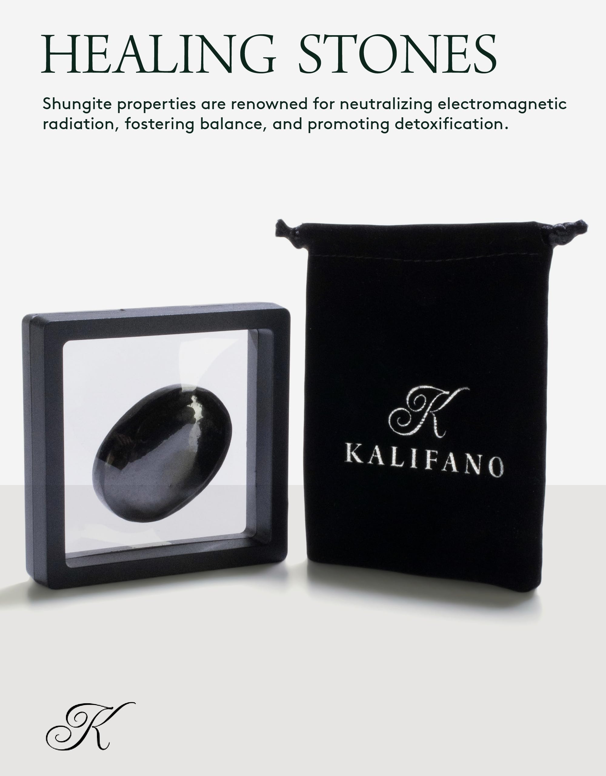 Kalifano Shungite Palma textura y color intenso, energía suave para relajación.