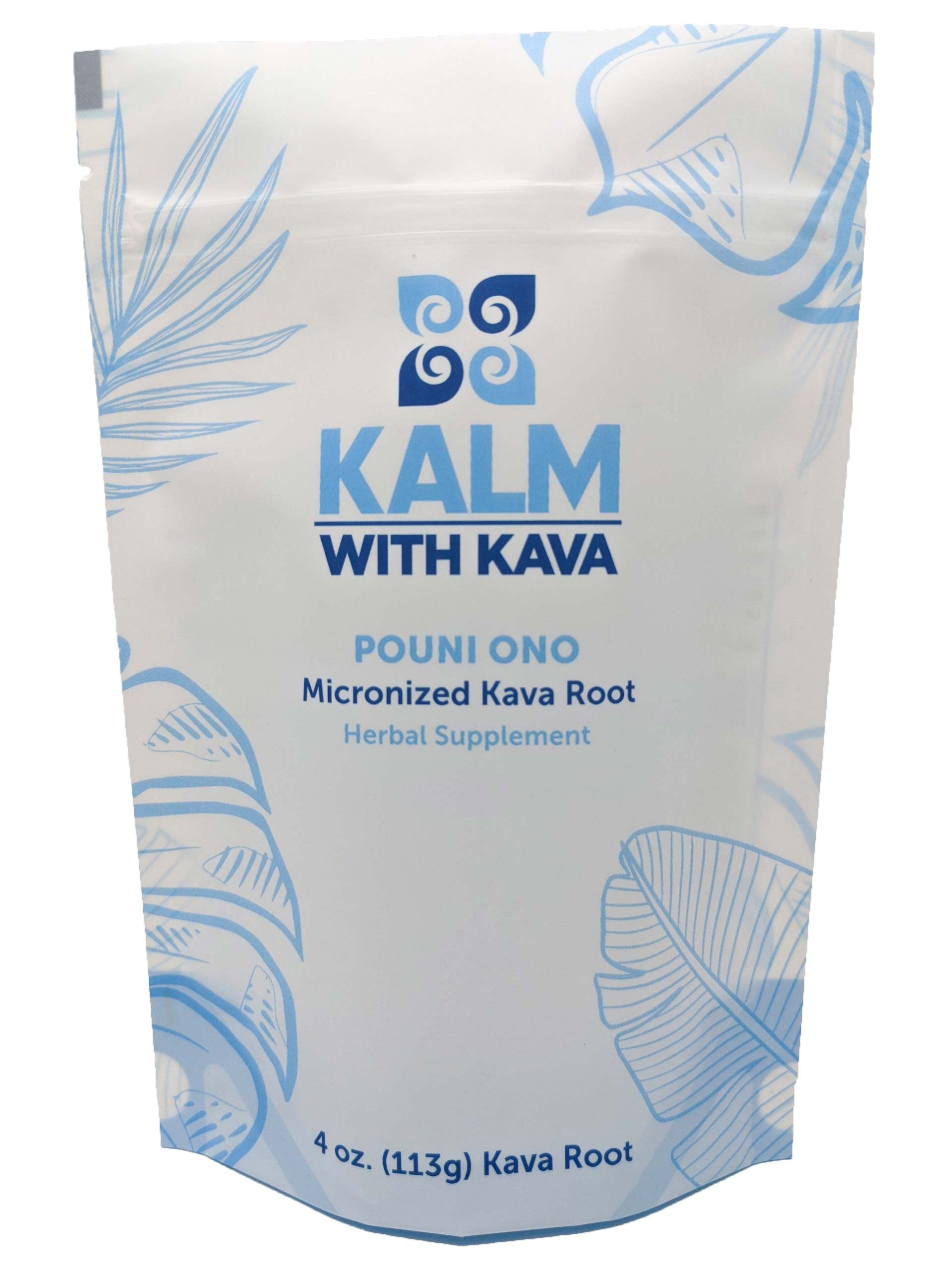 KALM Pouni Ono Kava polvo micronizado en envase, listo para relajación rápida