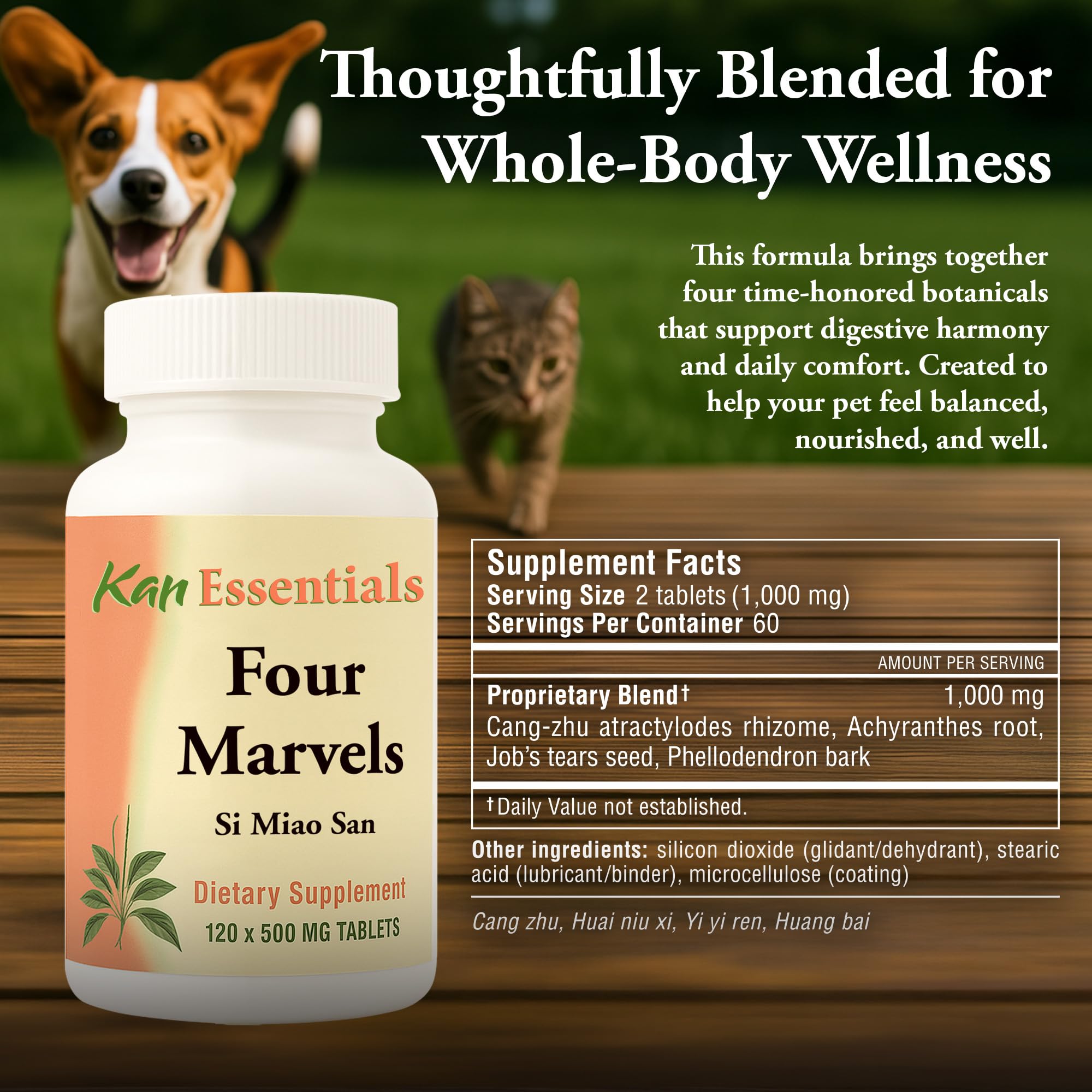 Kan Herb Four Marvels: etiqueta que destaca 120 tabletas para mascotas.