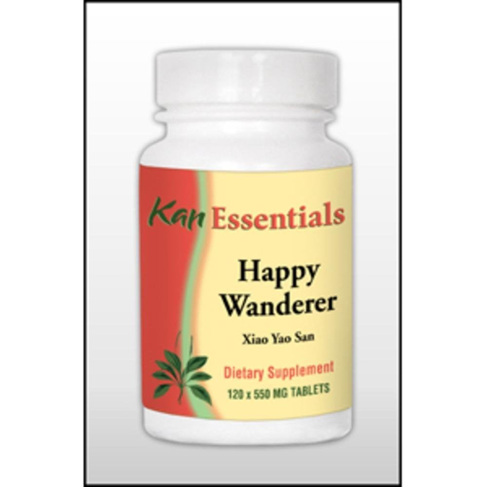 Frasco de Happy Wanderer de Kan Herbs, tabletas para apoyo diario del bienestar.