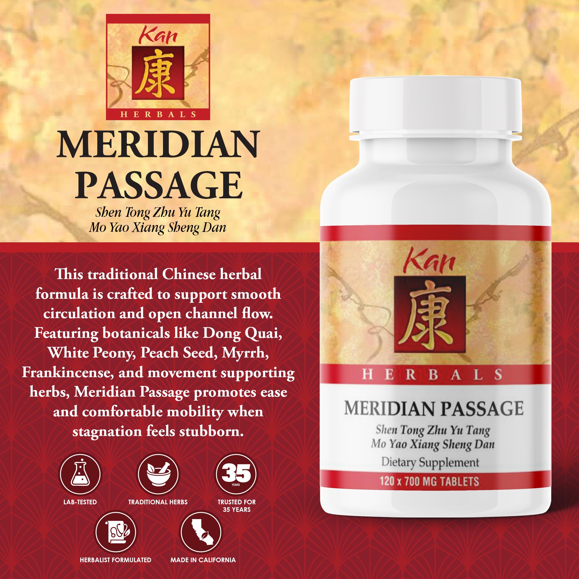 Kan Herbals Pasaje Meridiano, tabletas en manos, uso recomendado para flexibilidad diaria.