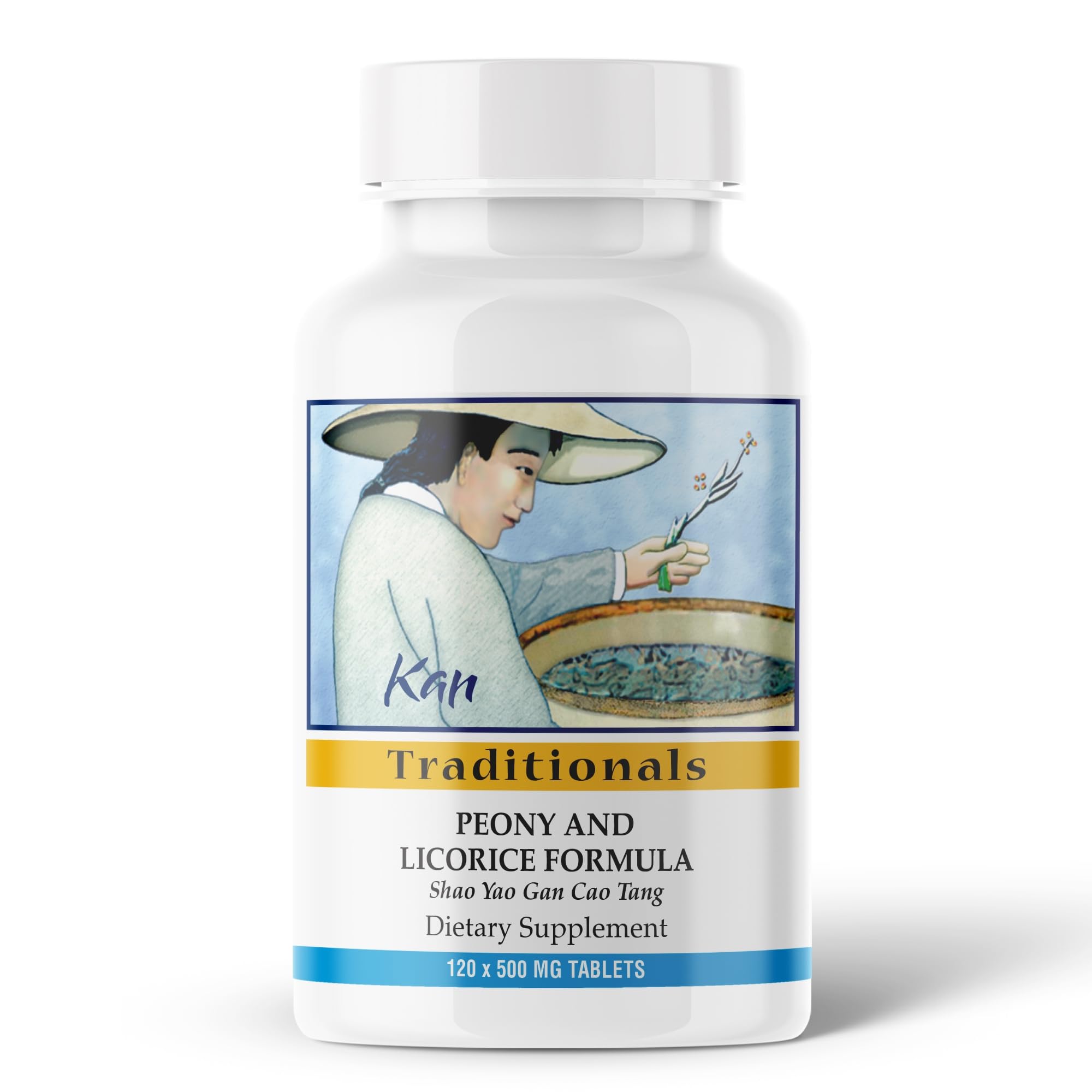 Kan Herbs Peonia Blanca: botella con tabletas para equilibrio diario.