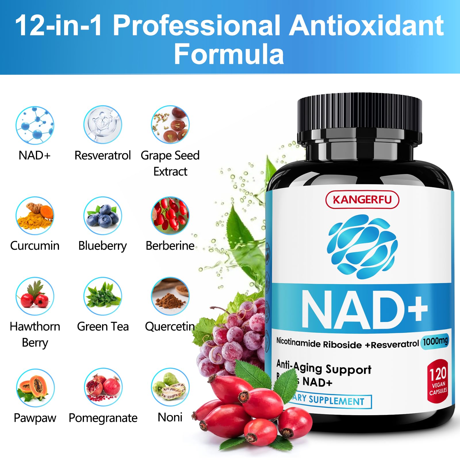 Etiqueta de KANGERFU NAD Resveratrol con dosis recomendadas para vitalidad.